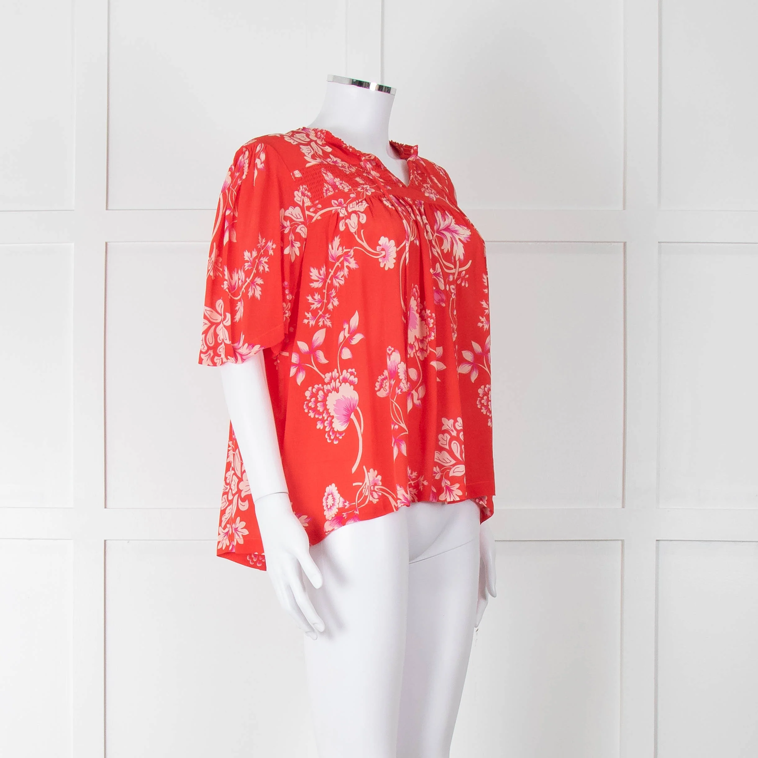 Rae Feather Red Patterned Short Sleeve Top With Ties - Image 2