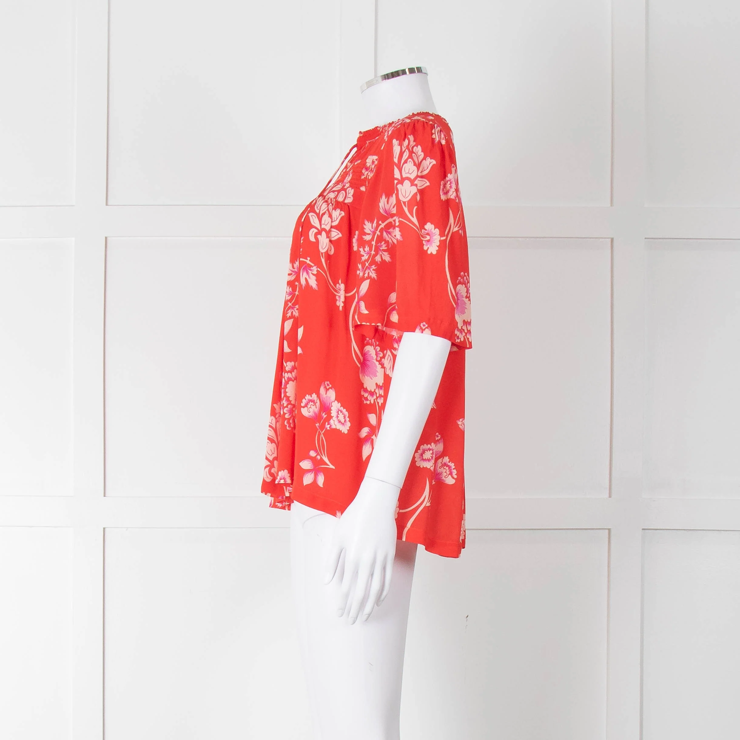 Rae Feather Red Patterned Short Sleeve Top With Ties - Image 7