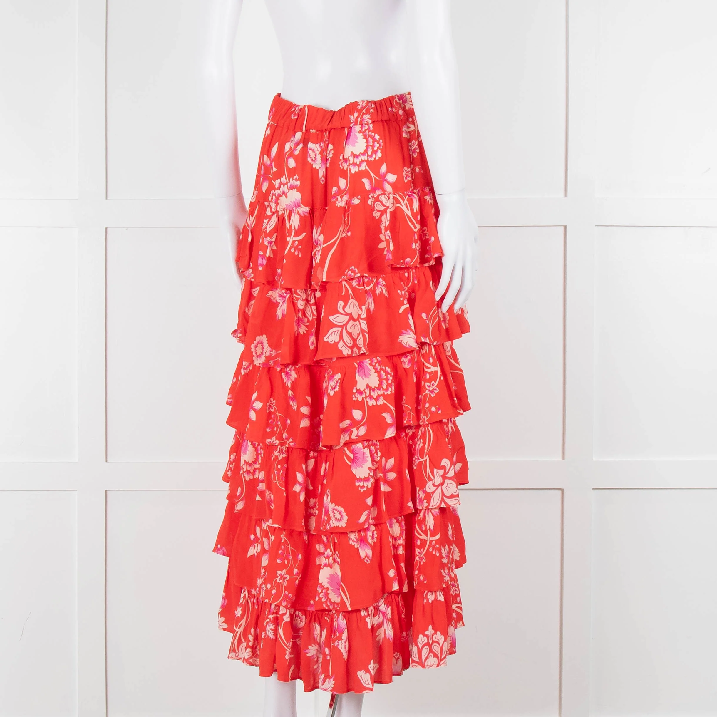 Rae Feather Red Floral Tiered Midi Skirt - Image 4