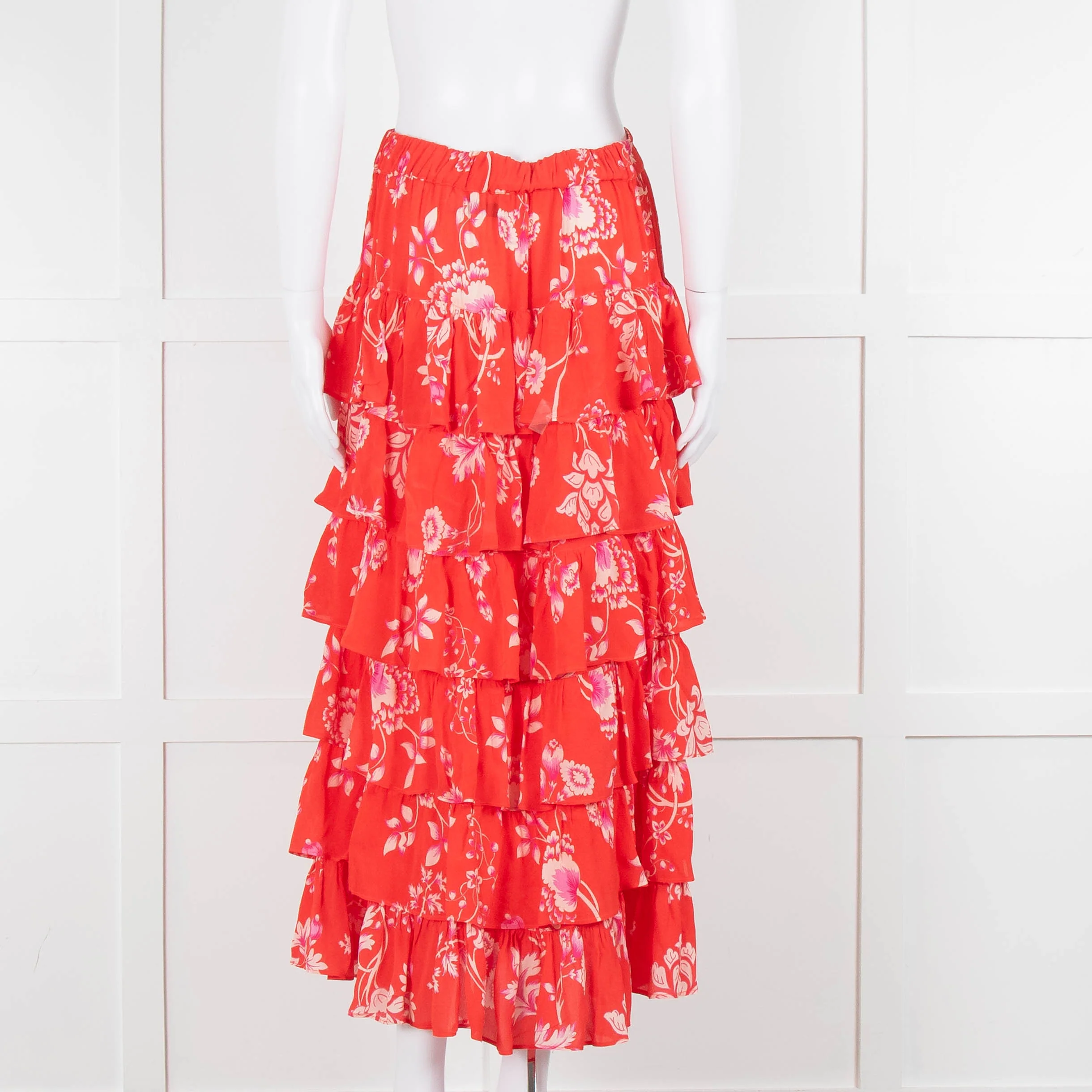 Rae Feather Red Floral Tiered Midi Skirt - Image 5