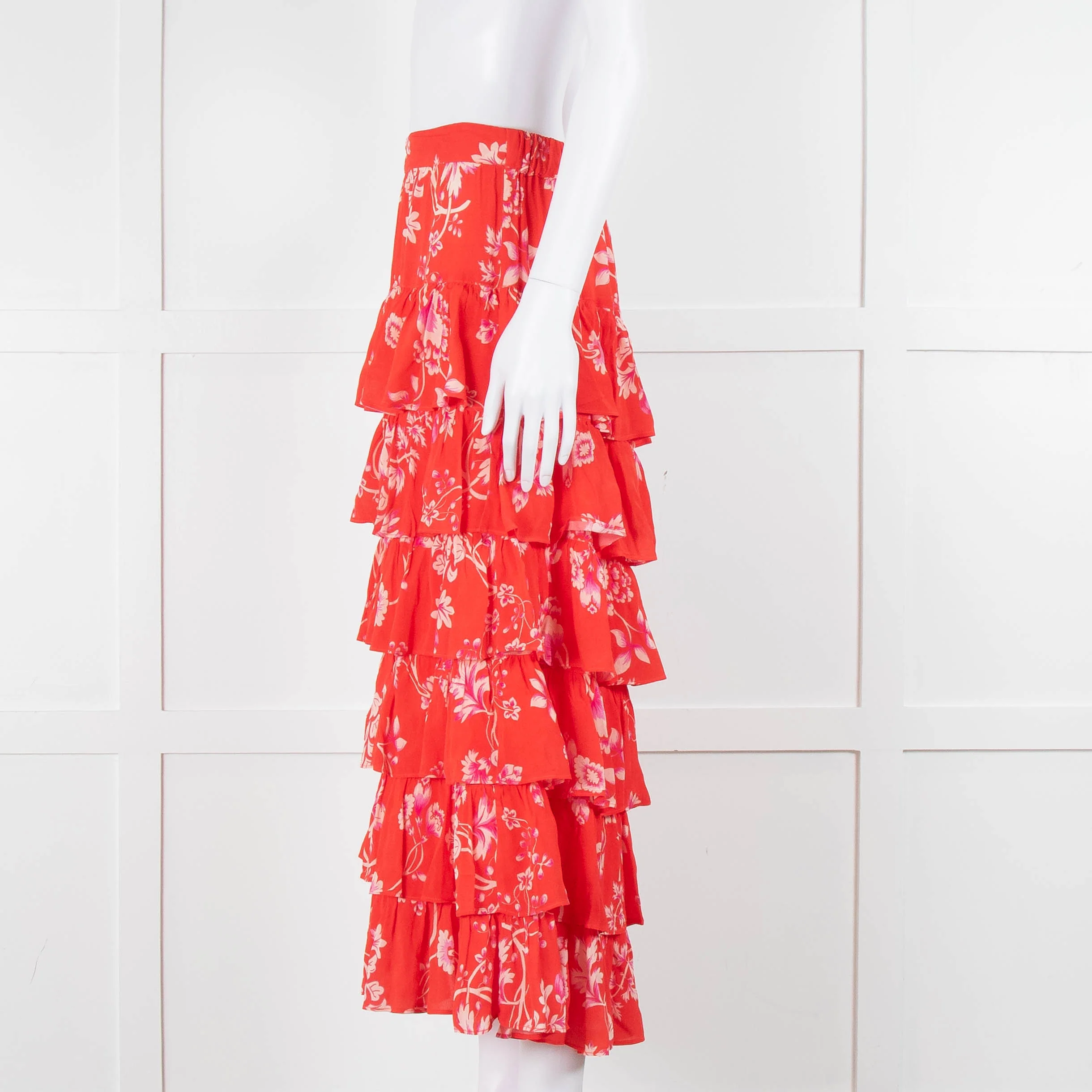 Rae Feather Red Floral Tiered Midi Skirt - Image 7