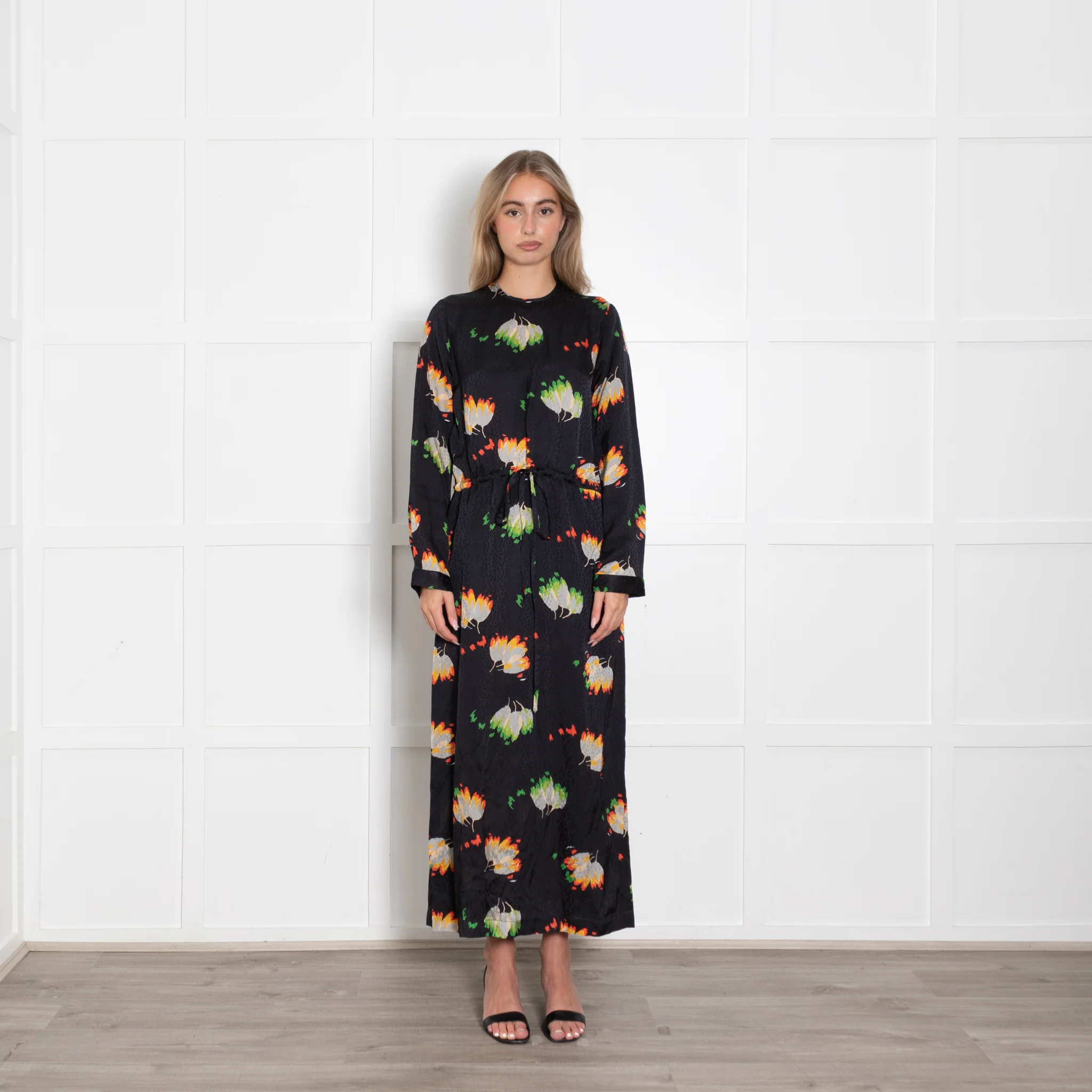 Raey Black Flower Pattern Mix Drawstring Full Length Dress