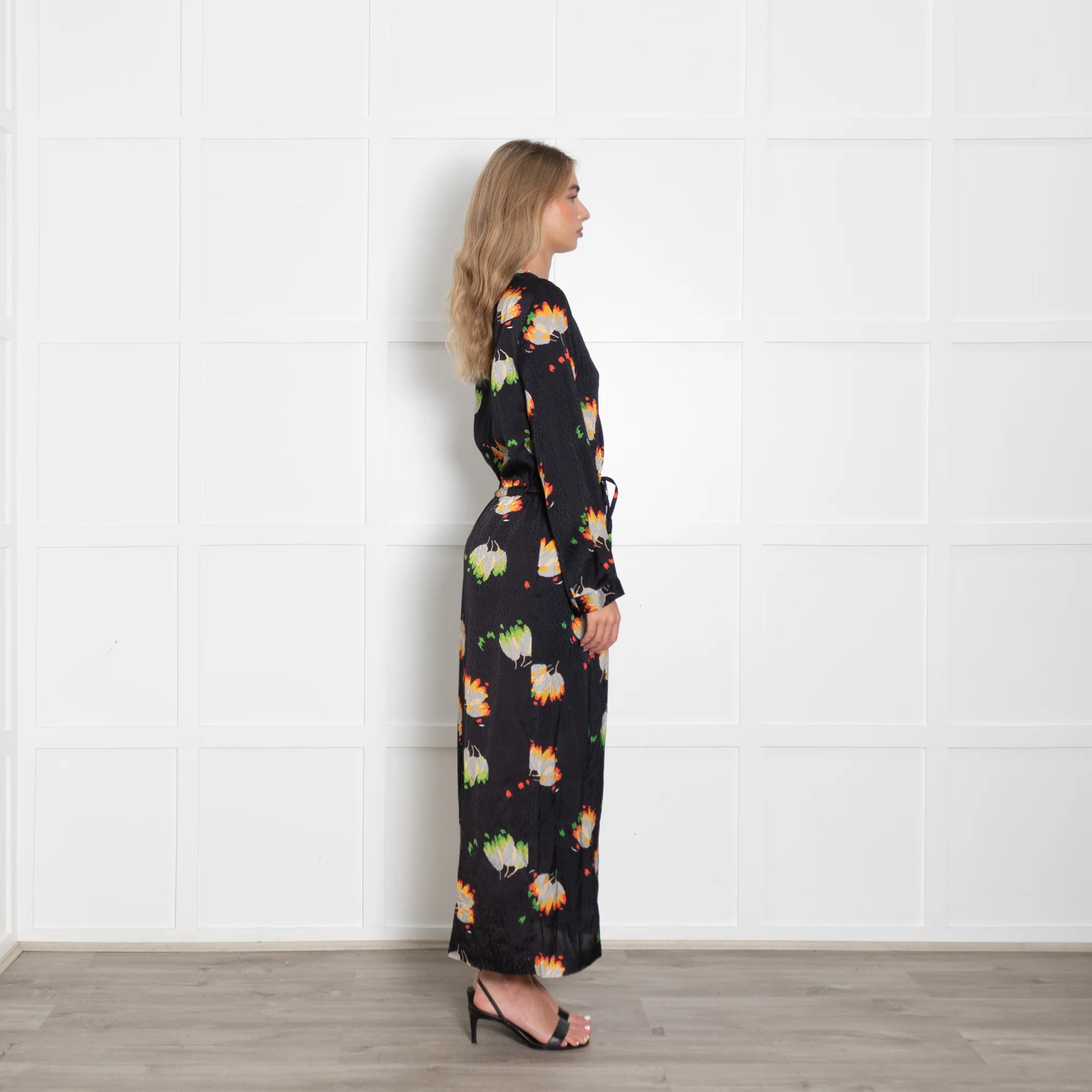 Raey Black Flower Pattern Mix Drawstring Full Length Dress - Image 7