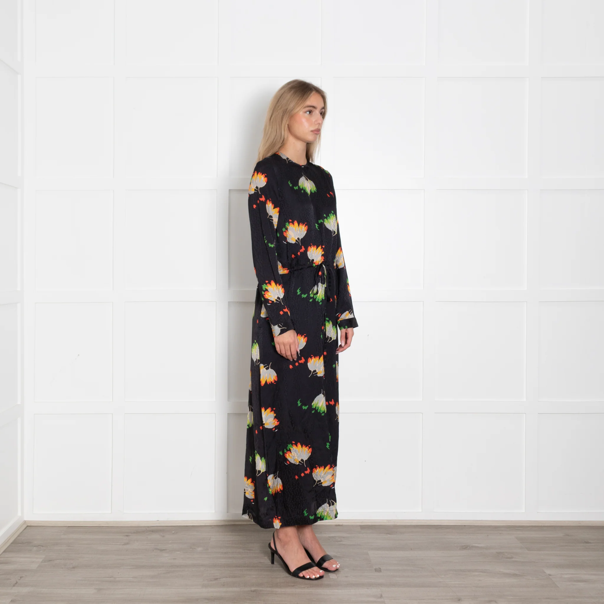 Raey Black Flower Pattern Mix Drawstring Full Length Dress - Image 8