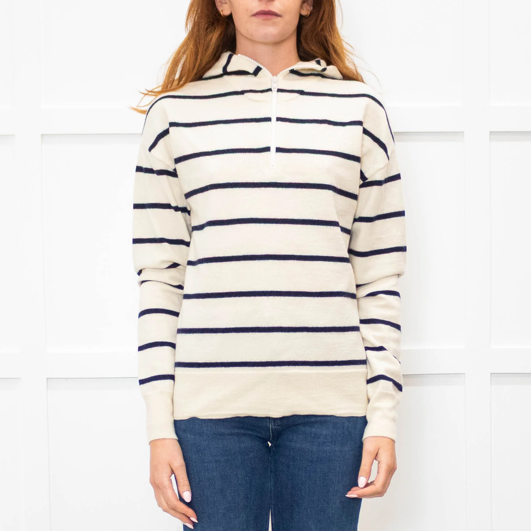 Raey Cream Navy Striped Merino Wool Hooded Sweater - Image 2