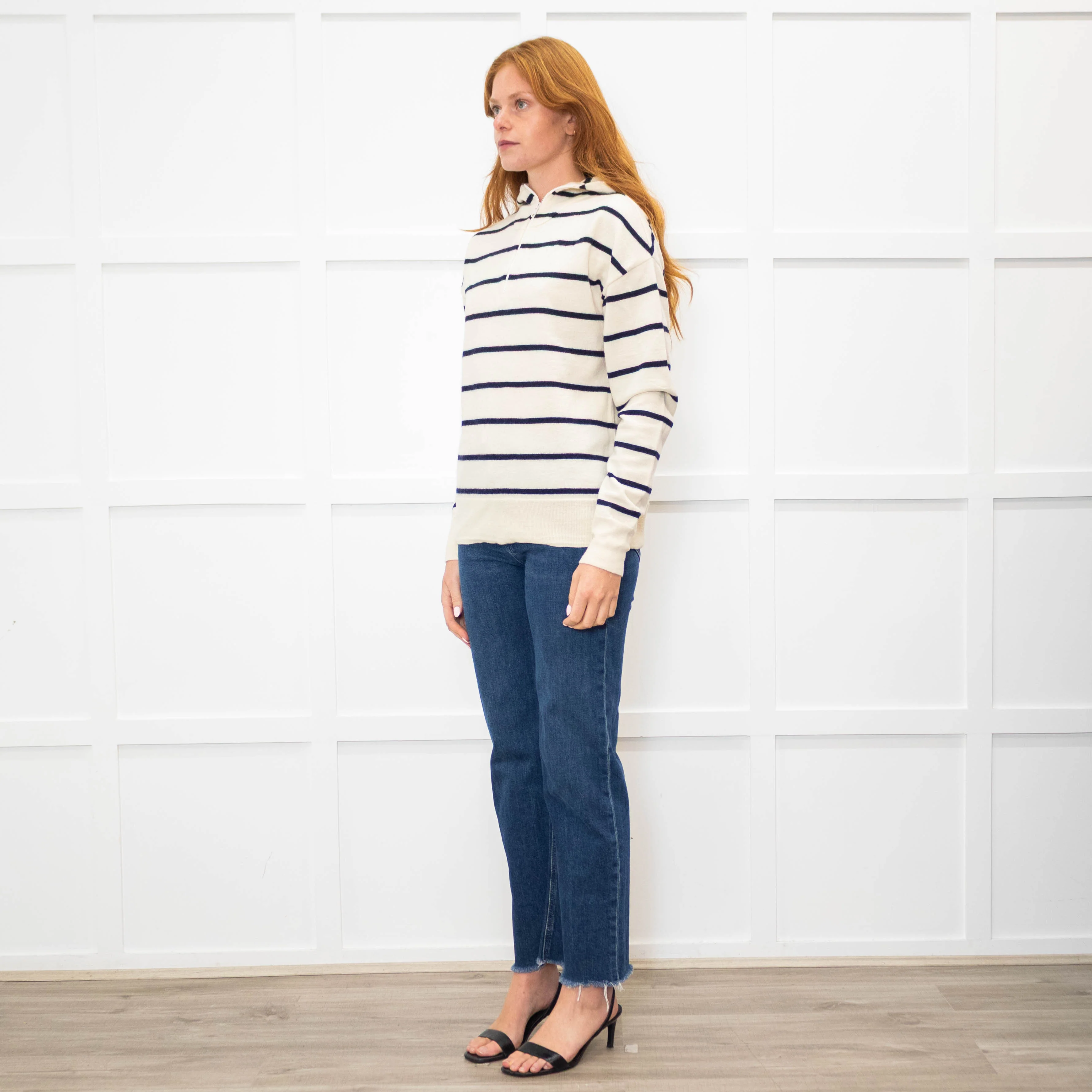 Raey Cream Navy Striped Merino Wool Hooded Sweater - Image 3