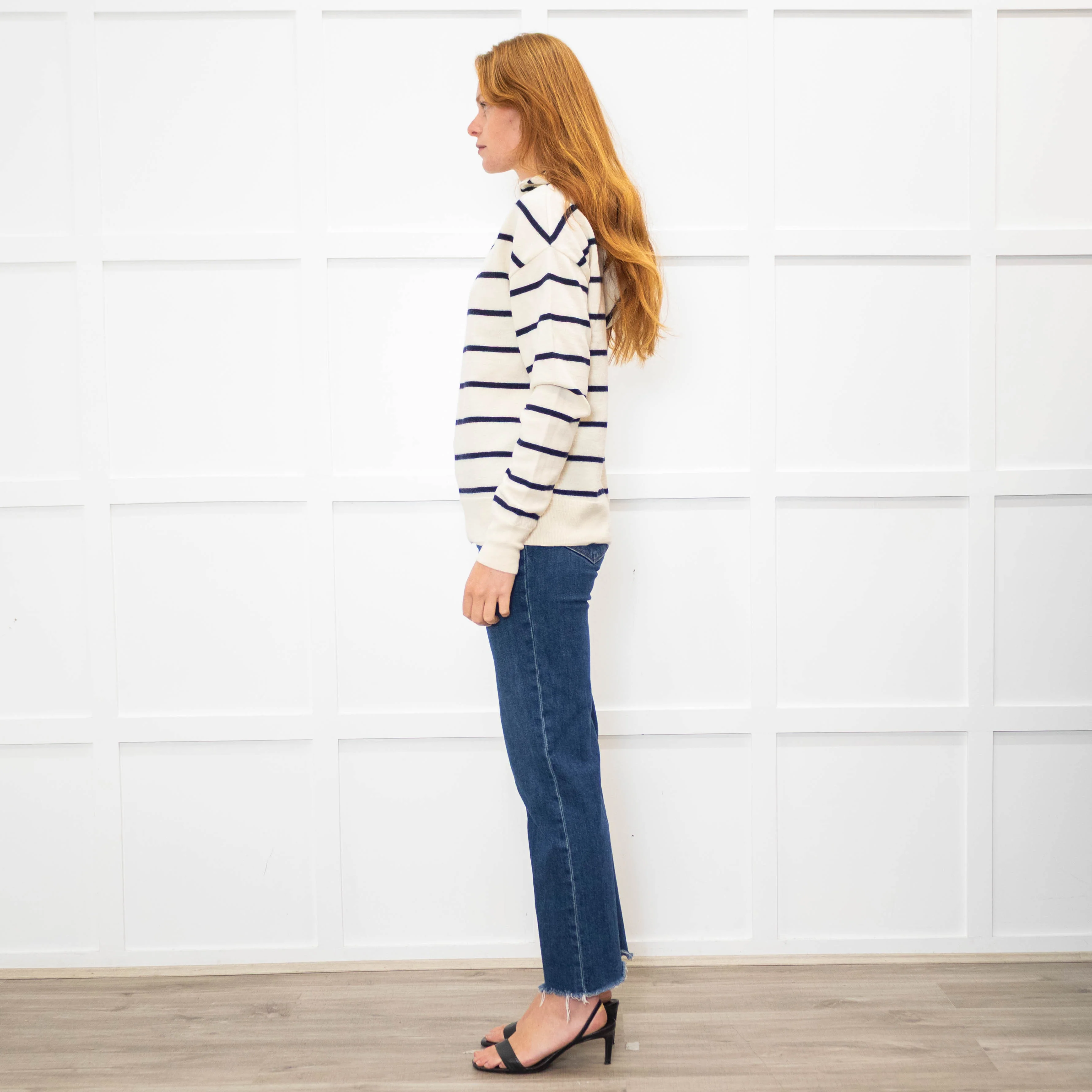 Raey Cream Navy Striped Merino Wool Hooded Sweater - Image 4