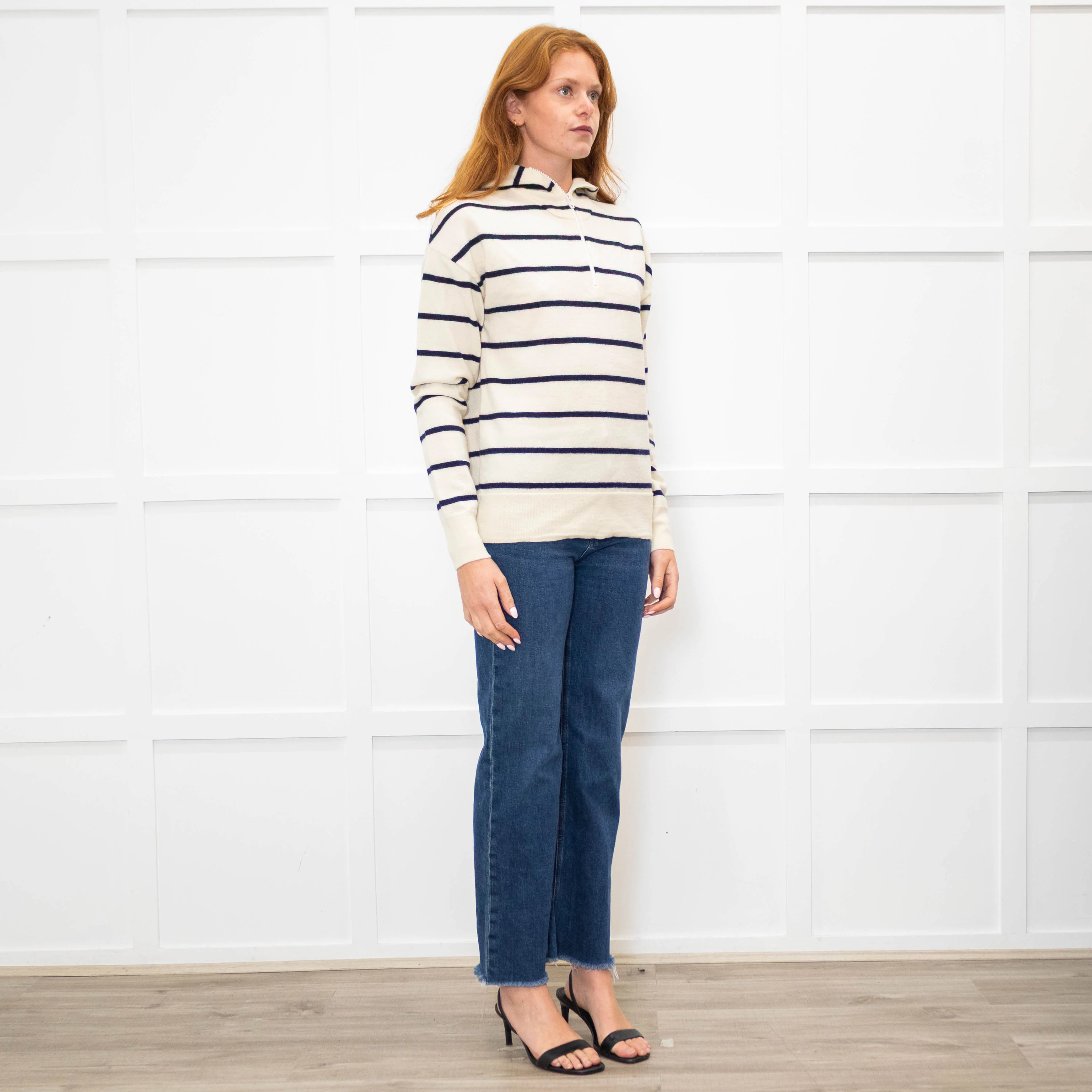 Raey Cream Navy Striped Merino Wool Hooded Sweater - Image 7
