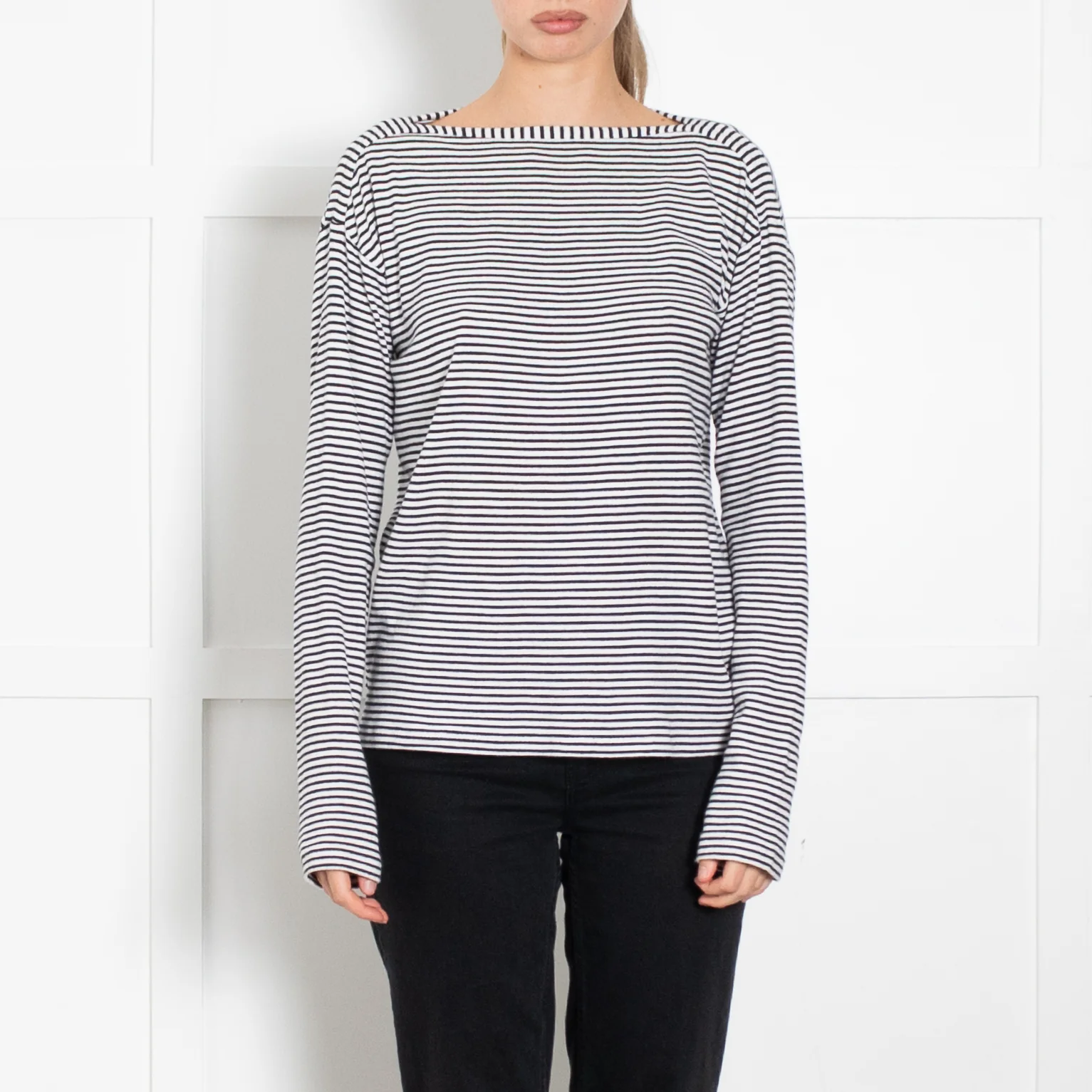 Raey White Navy Striped Wide Neck Long Sleeve T-Shirt - Image 2