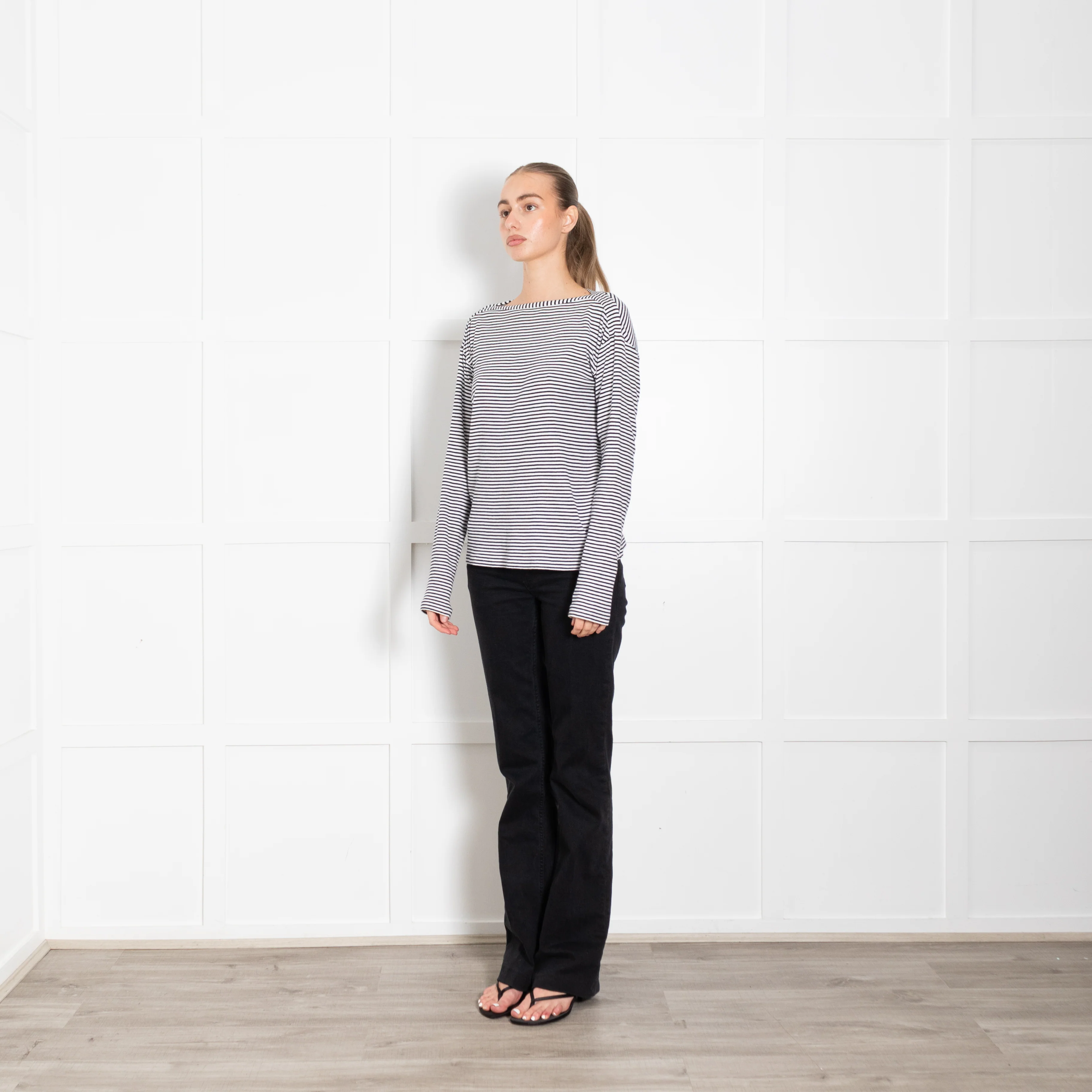 Raey White Navy Striped Wide Neck Long Sleeve T-Shirt - Image 3