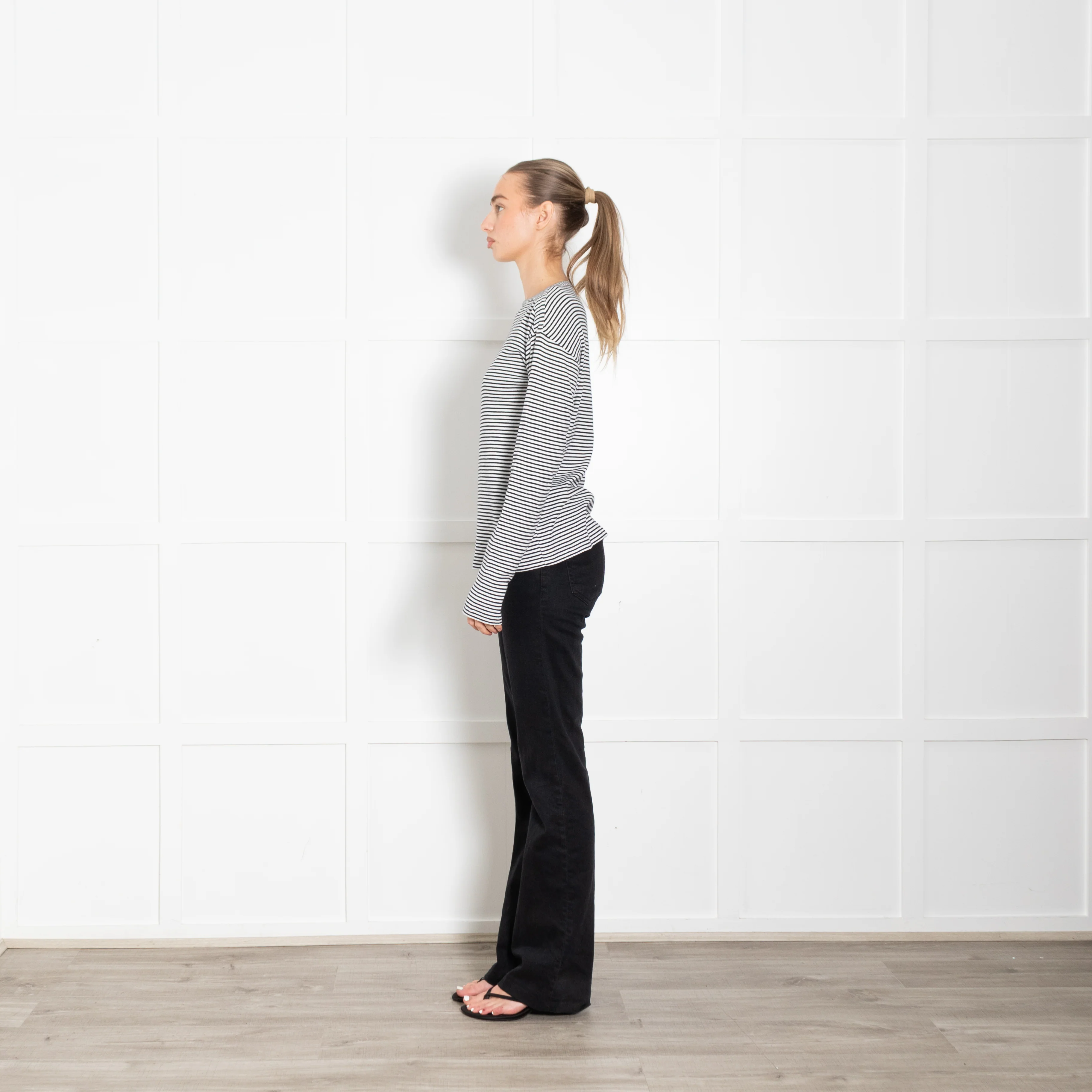 Raey White Navy Striped Wide Neck Long Sleeve T-Shirt - Image 4