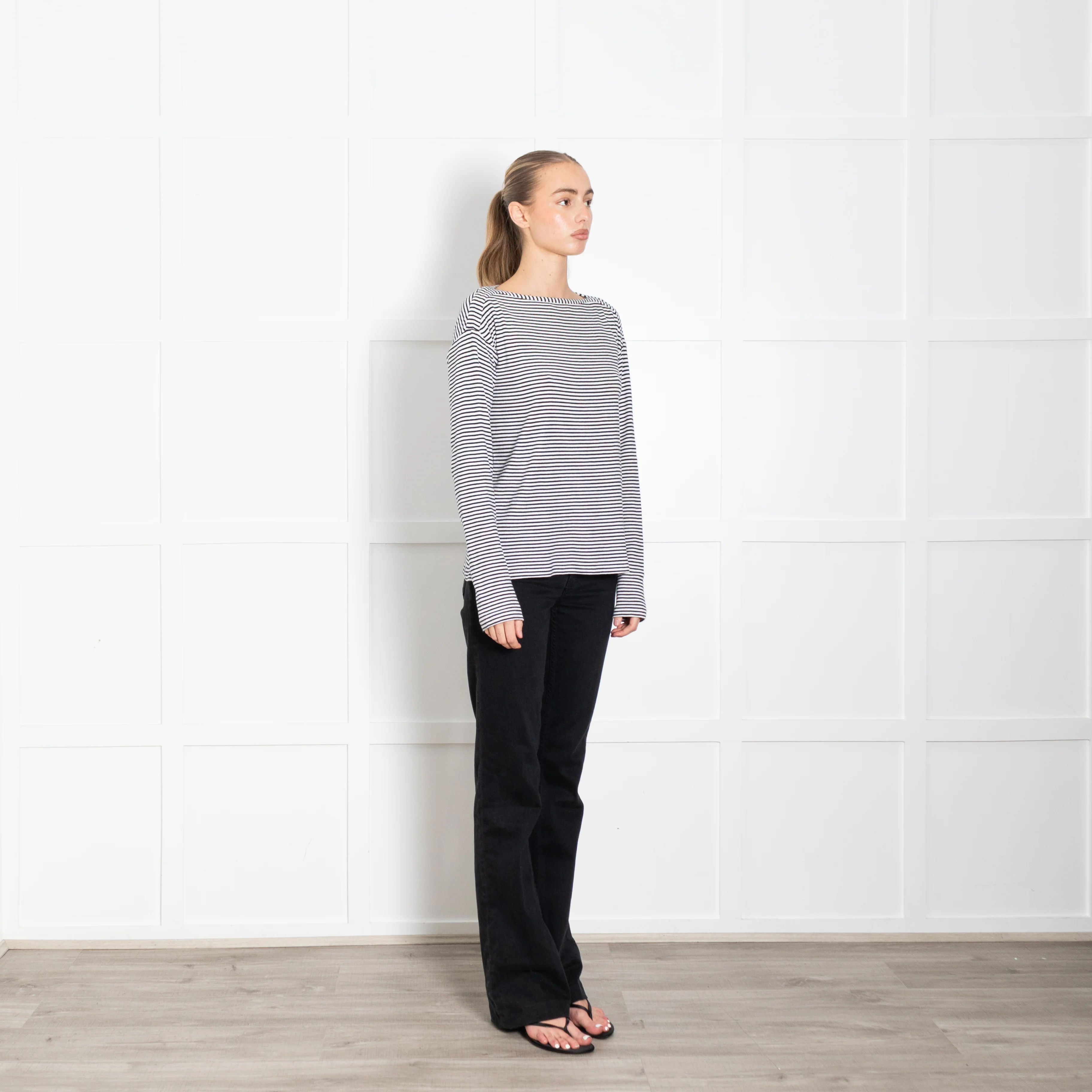 Raey White Navy Striped Wide Neck Long Sleeve T-Shirt - Image 7