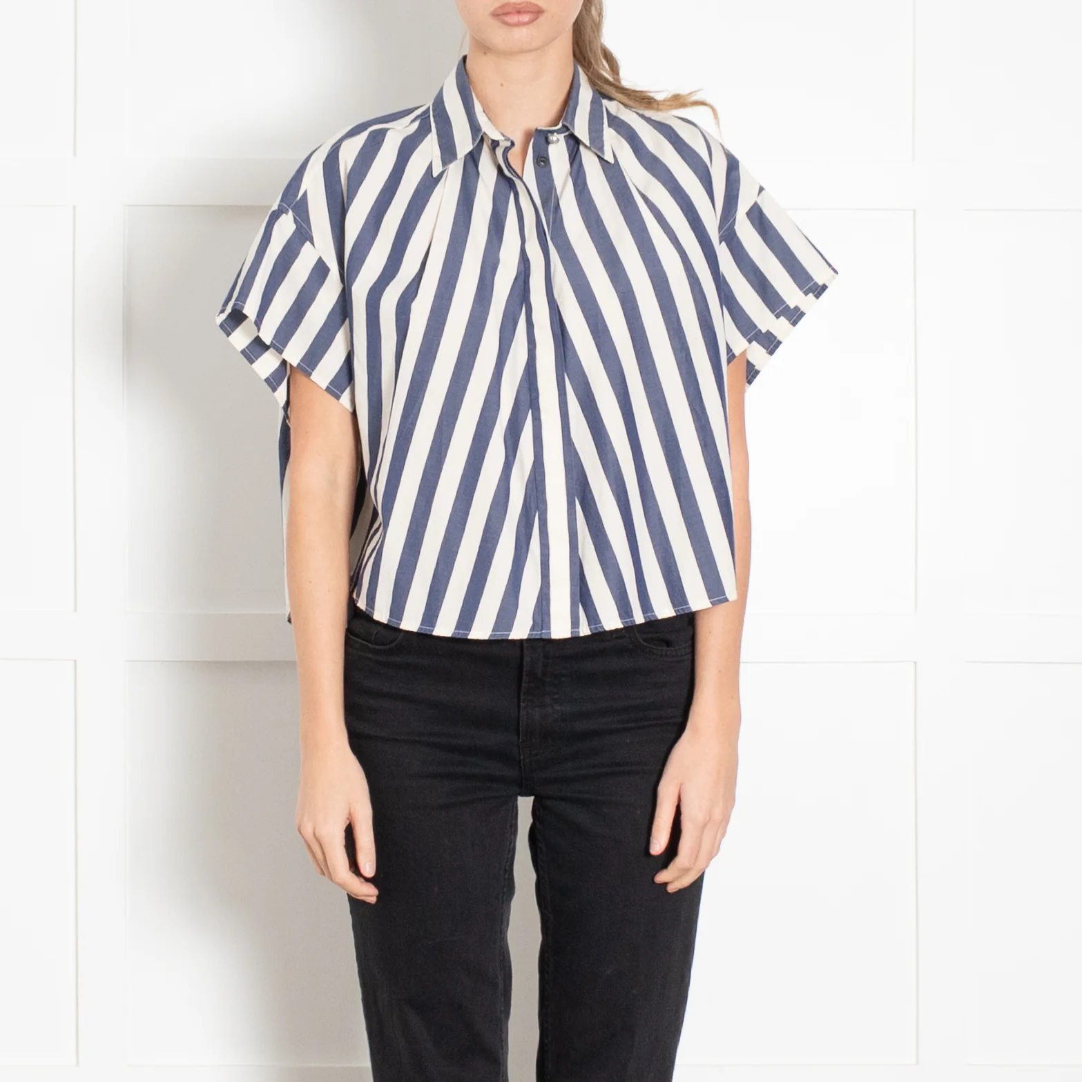 Rag & Bone Blue and White Stripe Cropped Shirt - Image 2