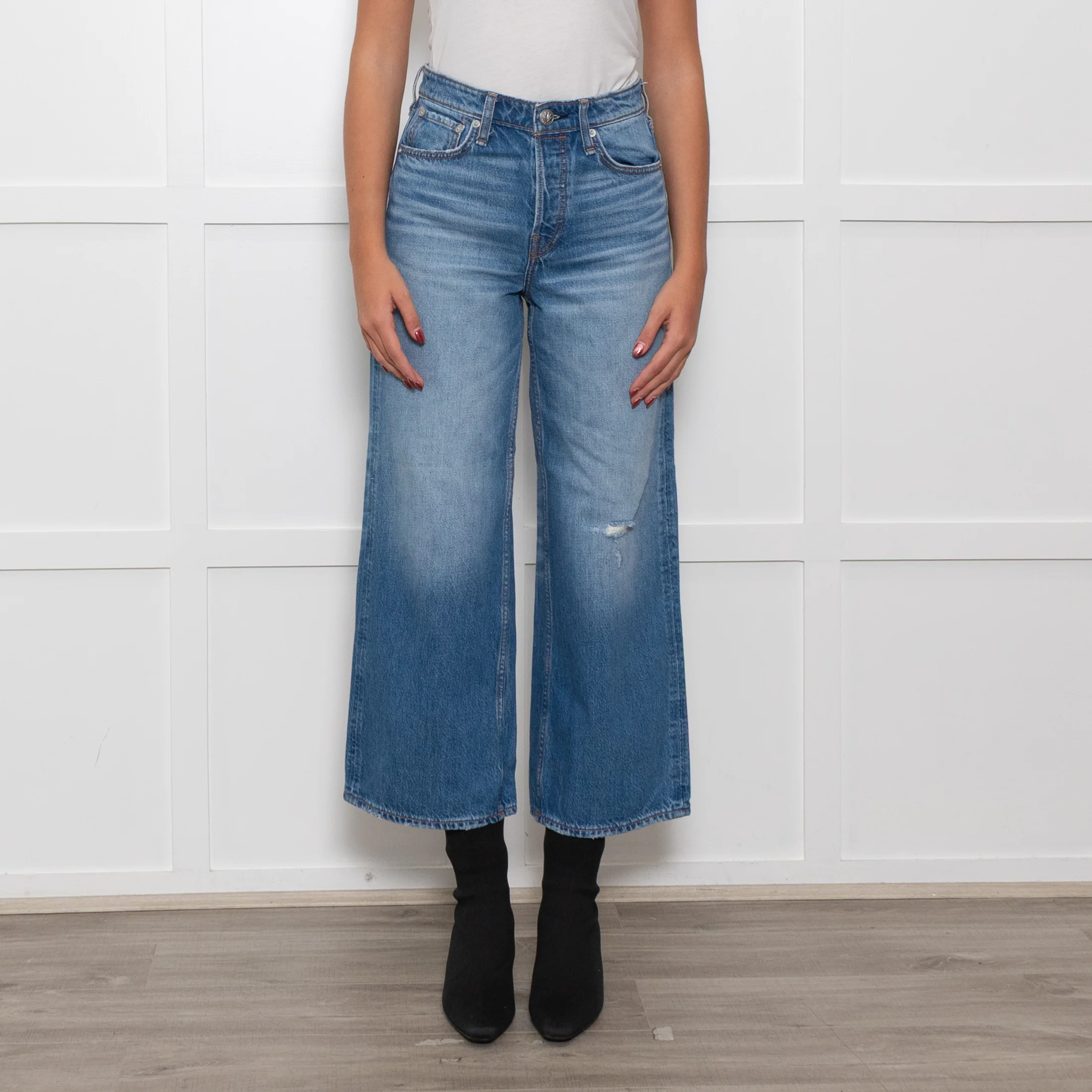 Rag & Bone Blue Wide Leg Straight Distressed Denim Trousers - Image 2