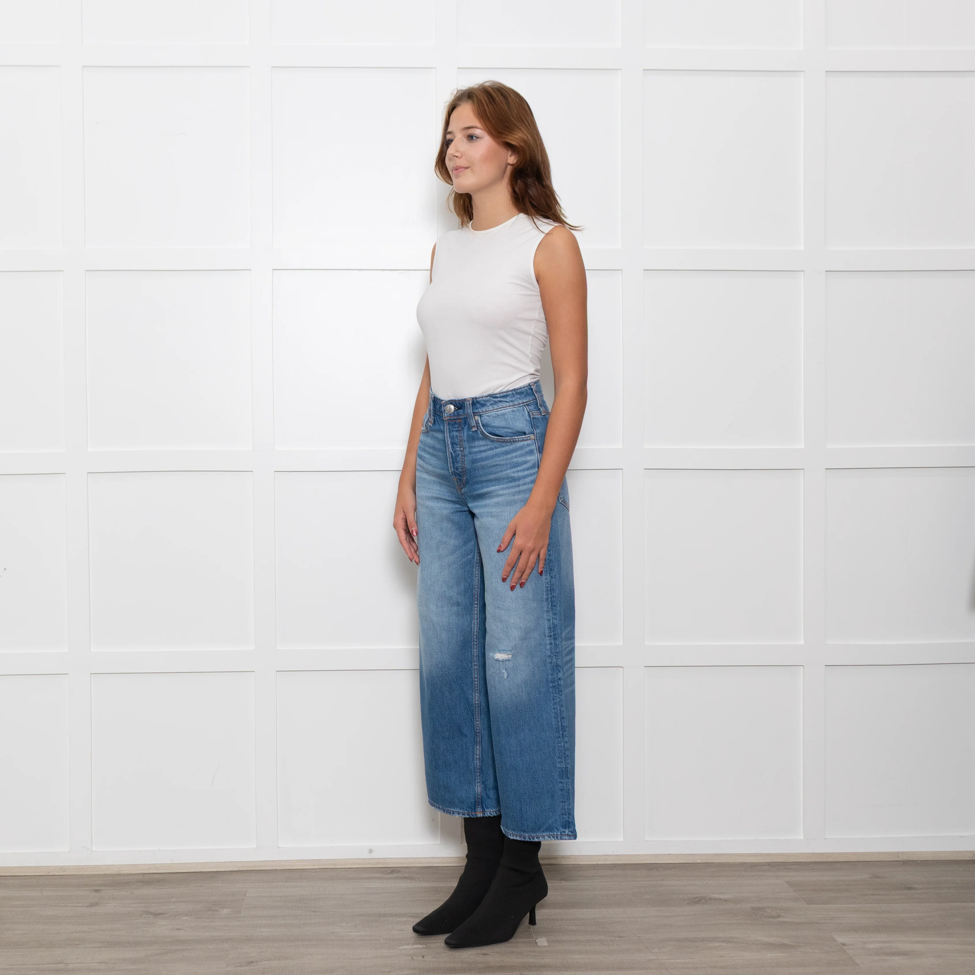 Rag & Bone Blue Wide Leg Straight Distressed Denim Trousers - Image 3