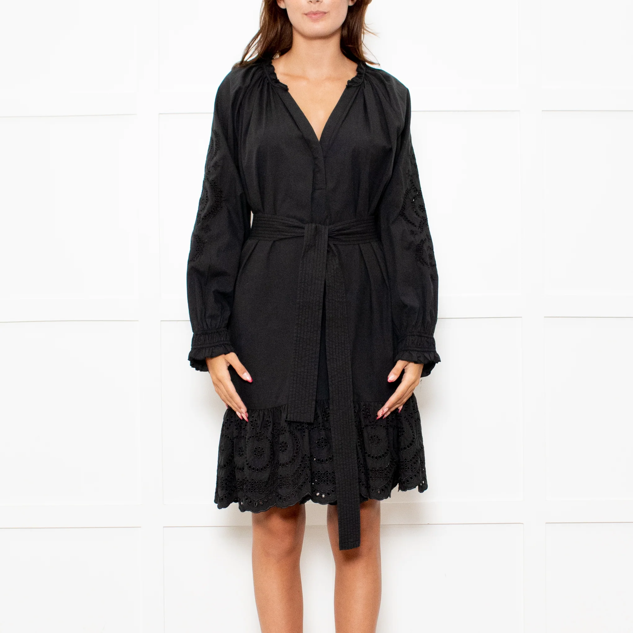 Rails Black Cotton Mini Dress with Frill Trim and Tie Waist - Image 2