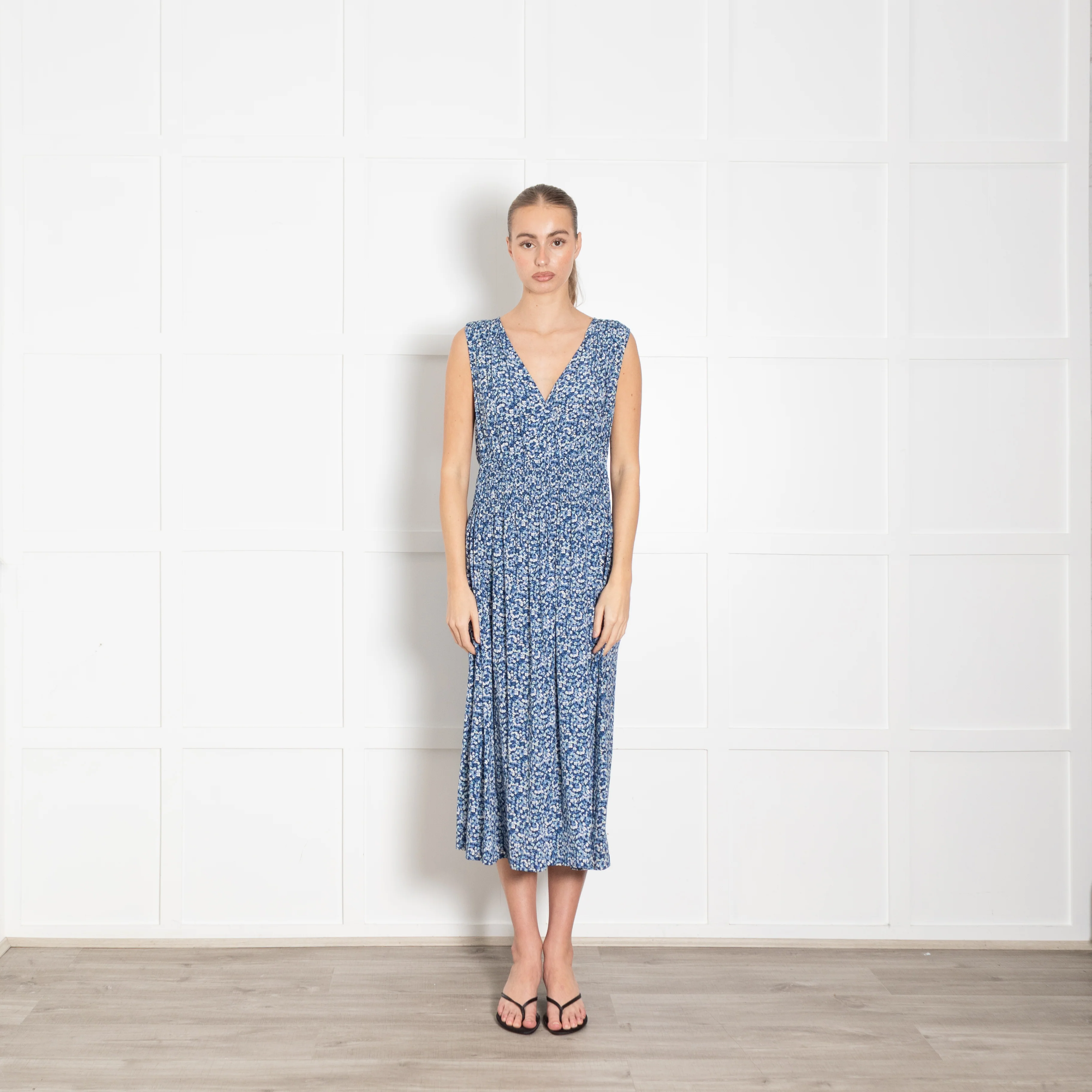 Rails Blue Floral Smock Waist Midi Dress