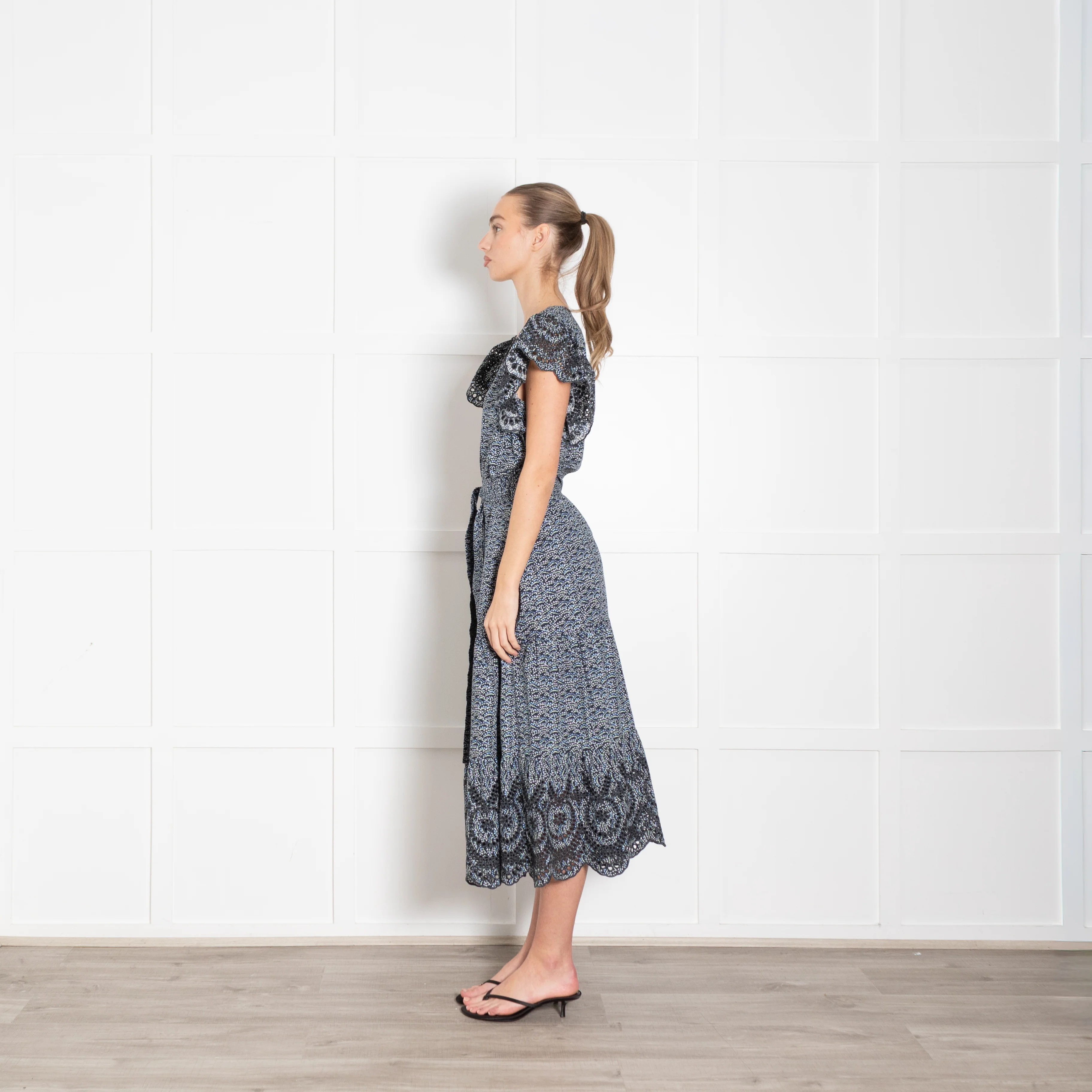 Rails Blue Micro Floral Frill Shoulder Midi Dress - Image 4