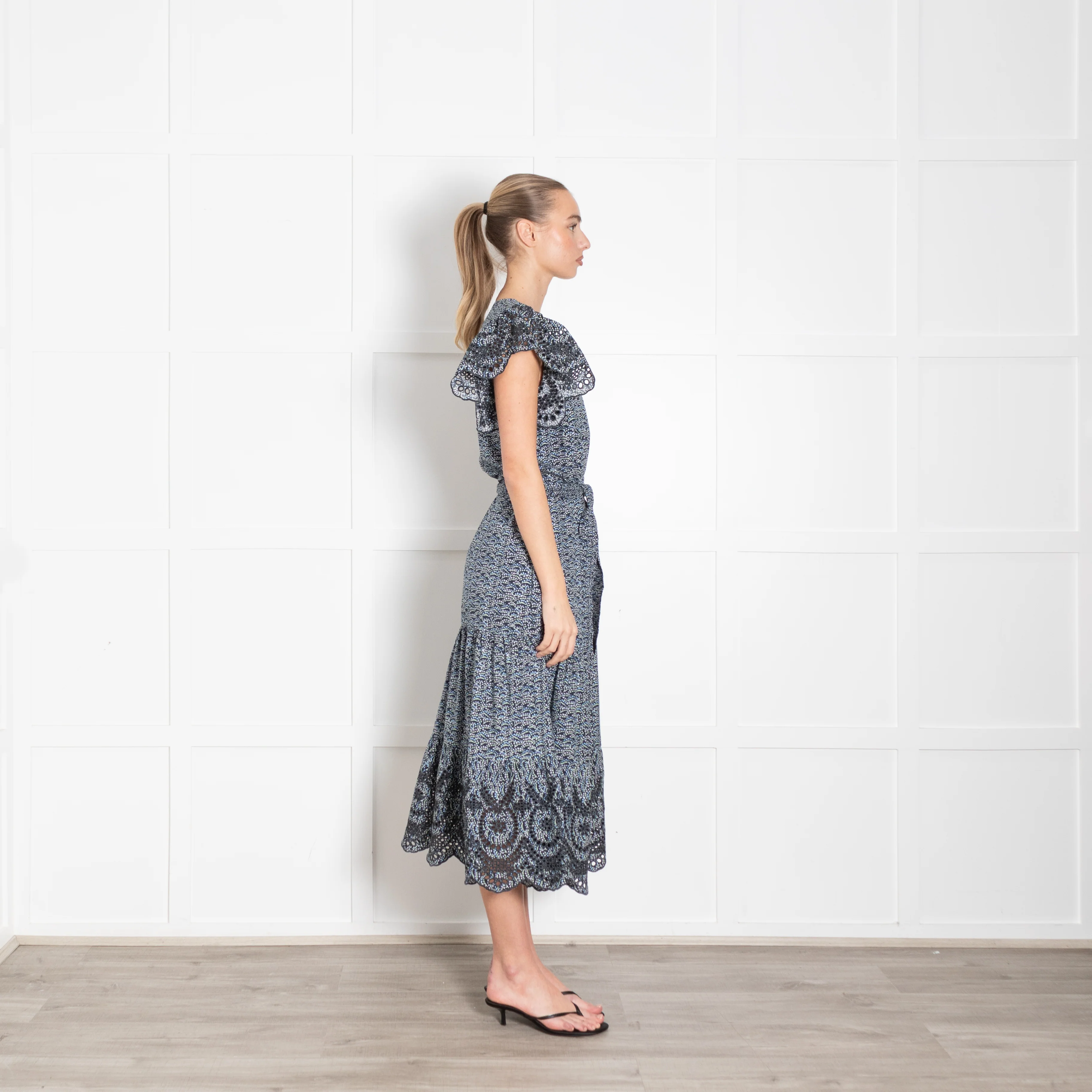 Rails Blue Micro Floral Frill Shoulder Midi Dress - Image 6