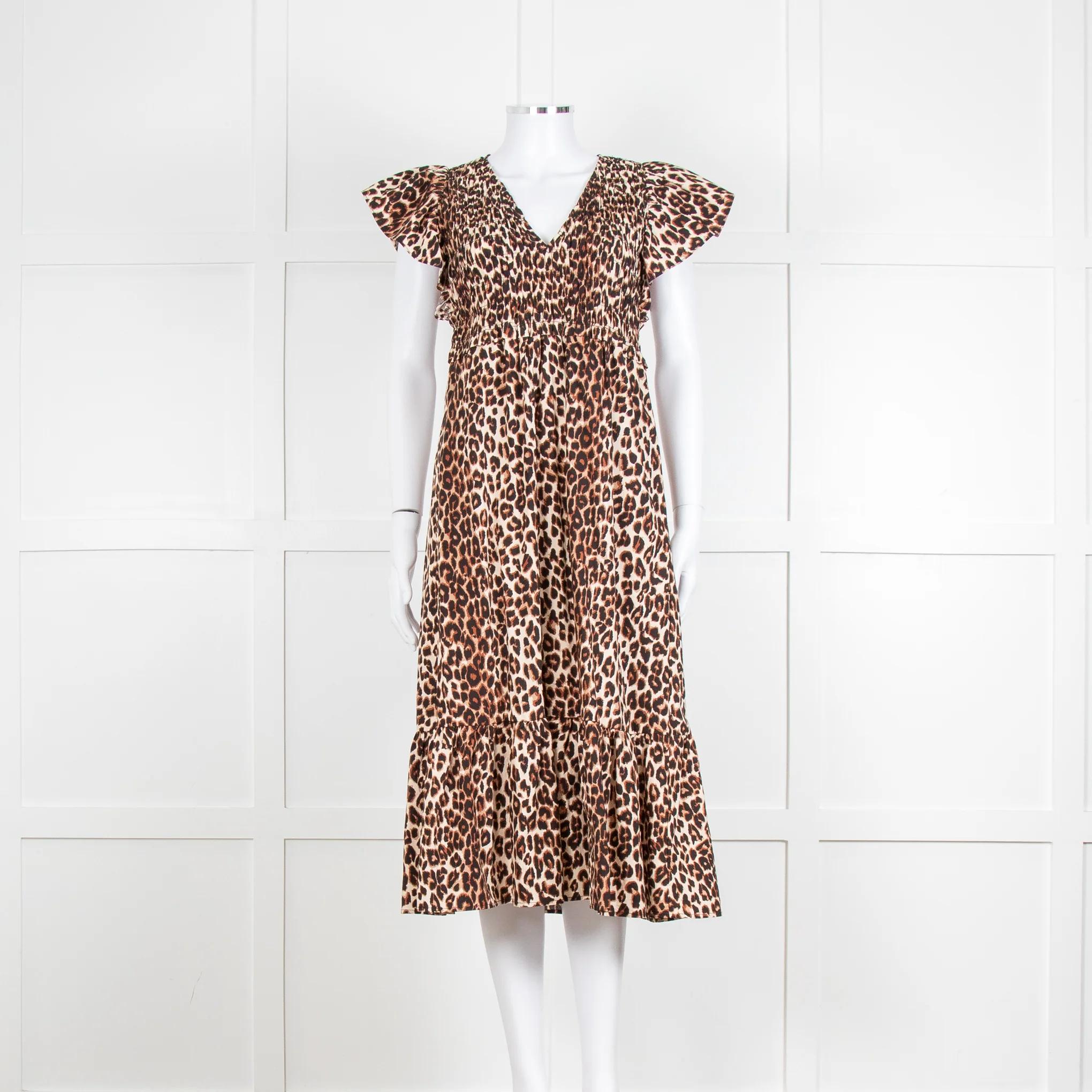 Rails Leopard Print Cotton Midi Smocked Dress with Frill Sleeves and V Neck