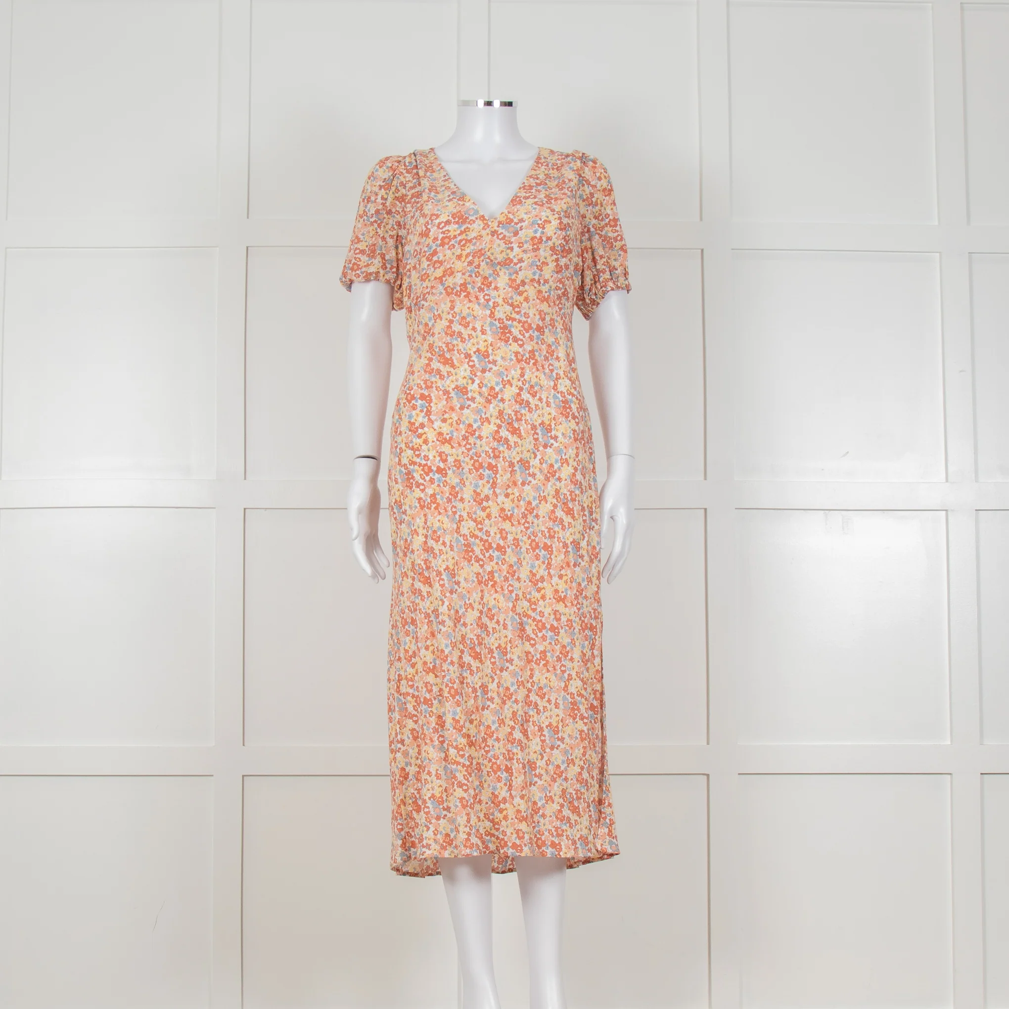 Rails Orange Yellow Blue Floral Print V Front Midi Dress