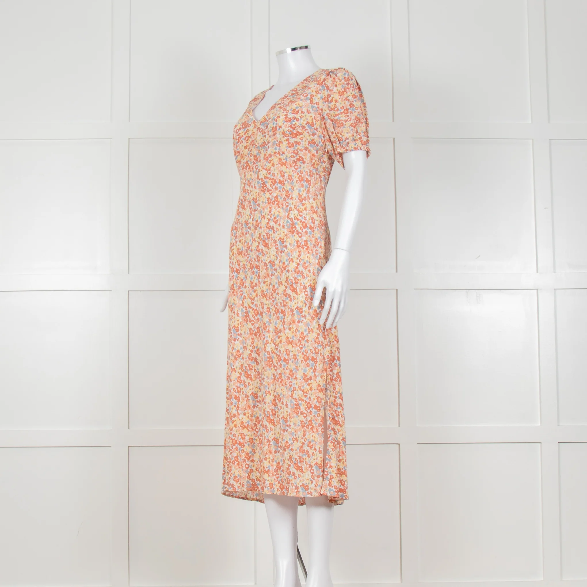 Rails Orange Yellow Blue Floral Print V Front Midi Dress - Image 9