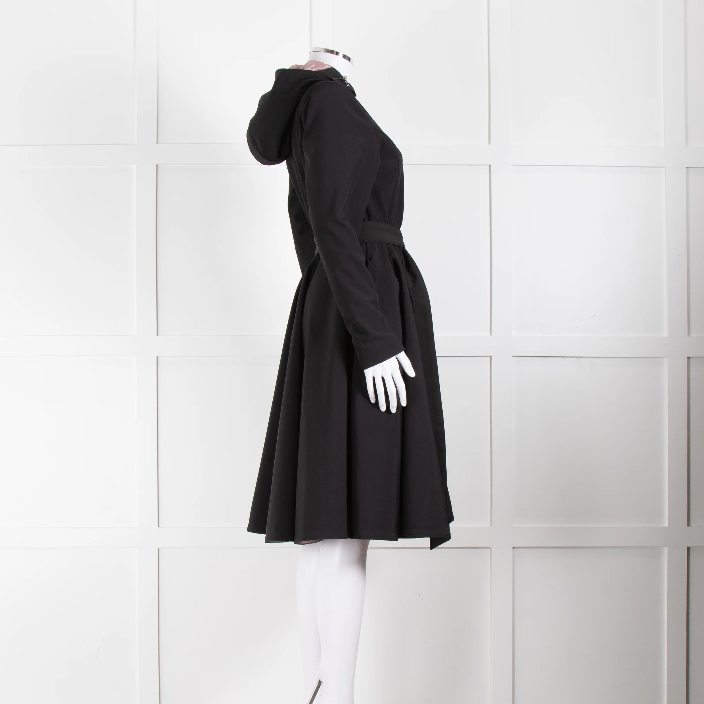 RainSisters Black Fit And Flare Coat With Hood And Belt - Image 3