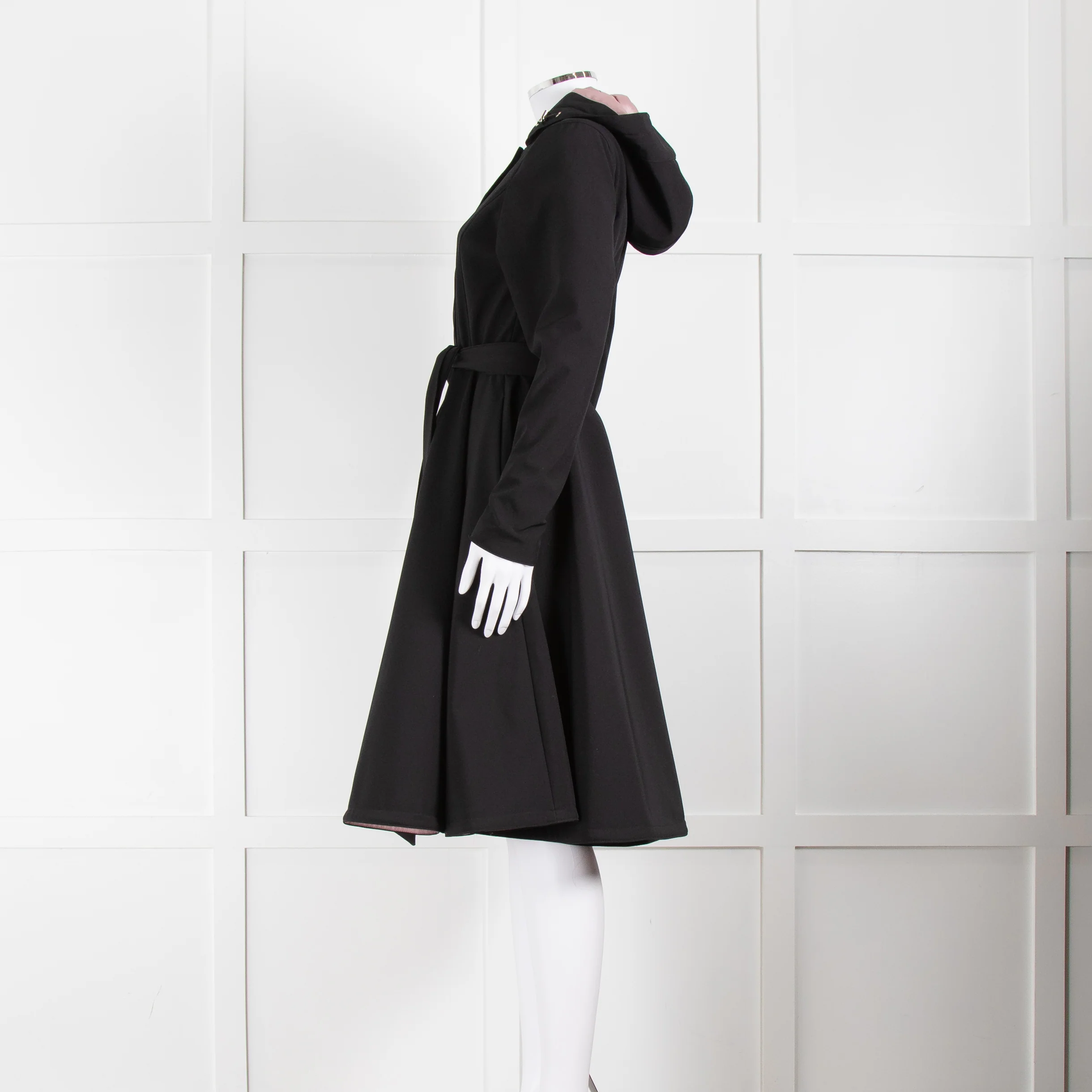 RainSisters Black Fit And Flare Coat With Hood And Belt - Image 7