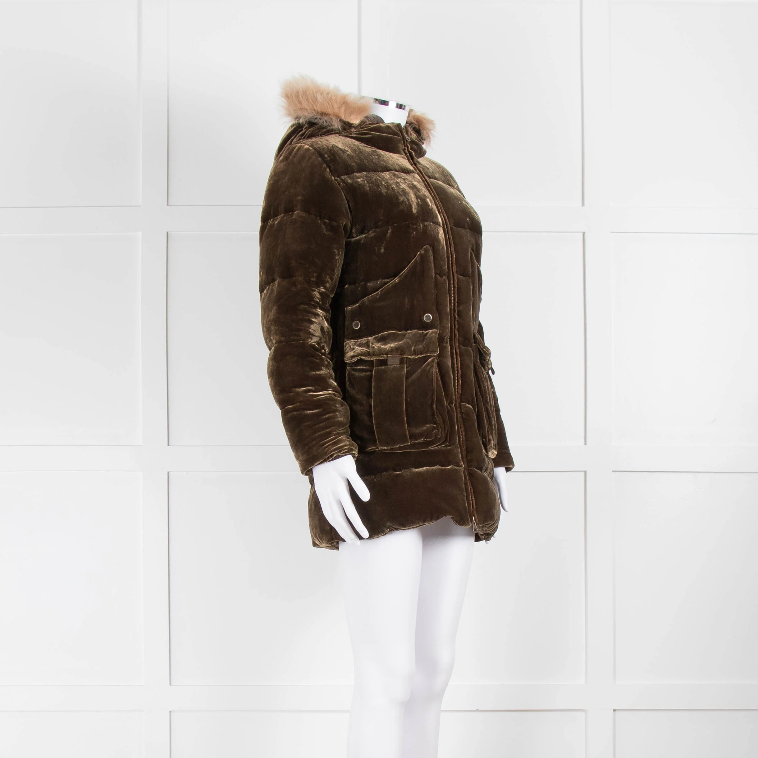 Ralph Lauren Brown Velvet Puffa Jacket With Faux Fur Detachable Trim - Image 2