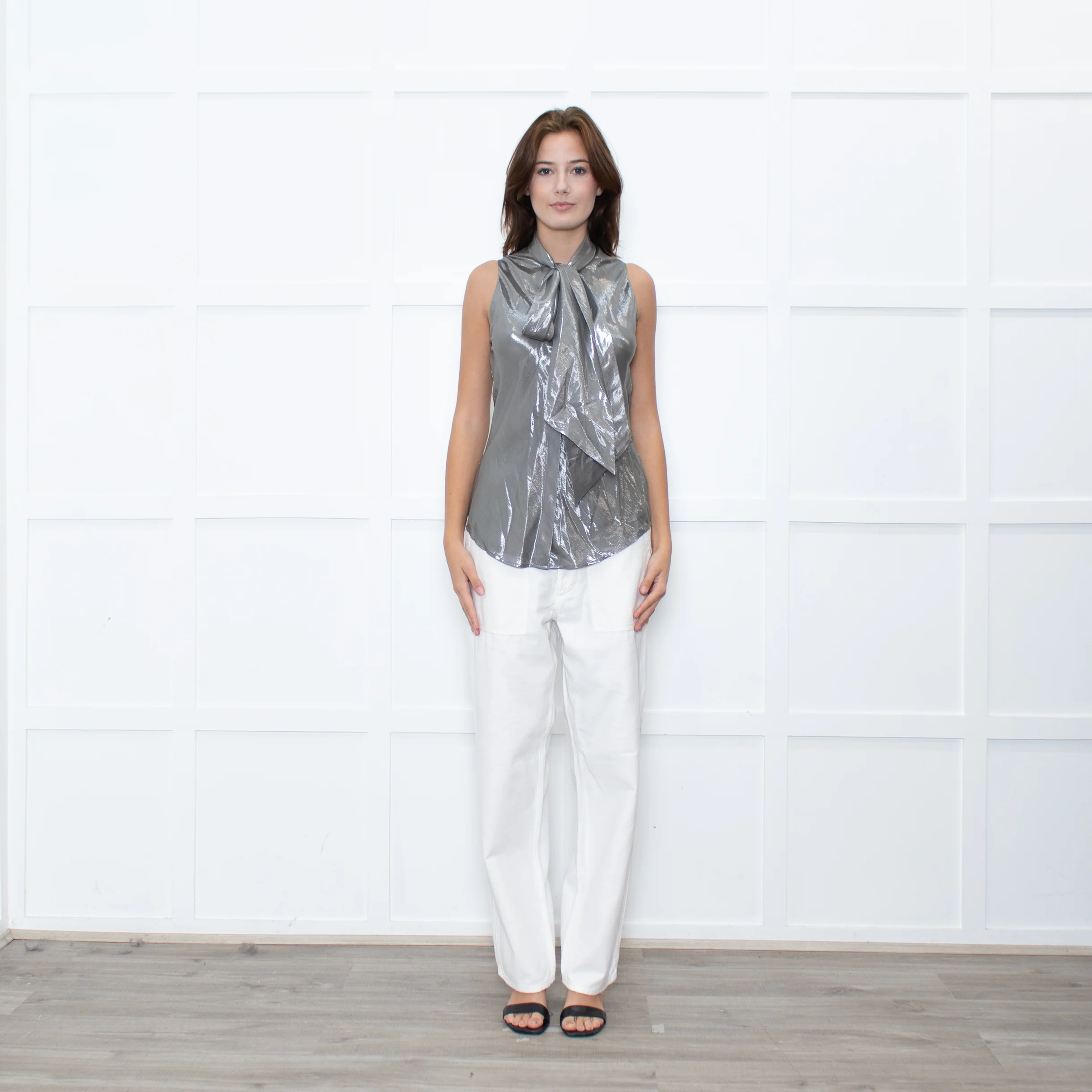 Ralph Lauren Silver Sleeveless Neck-Tie Top
