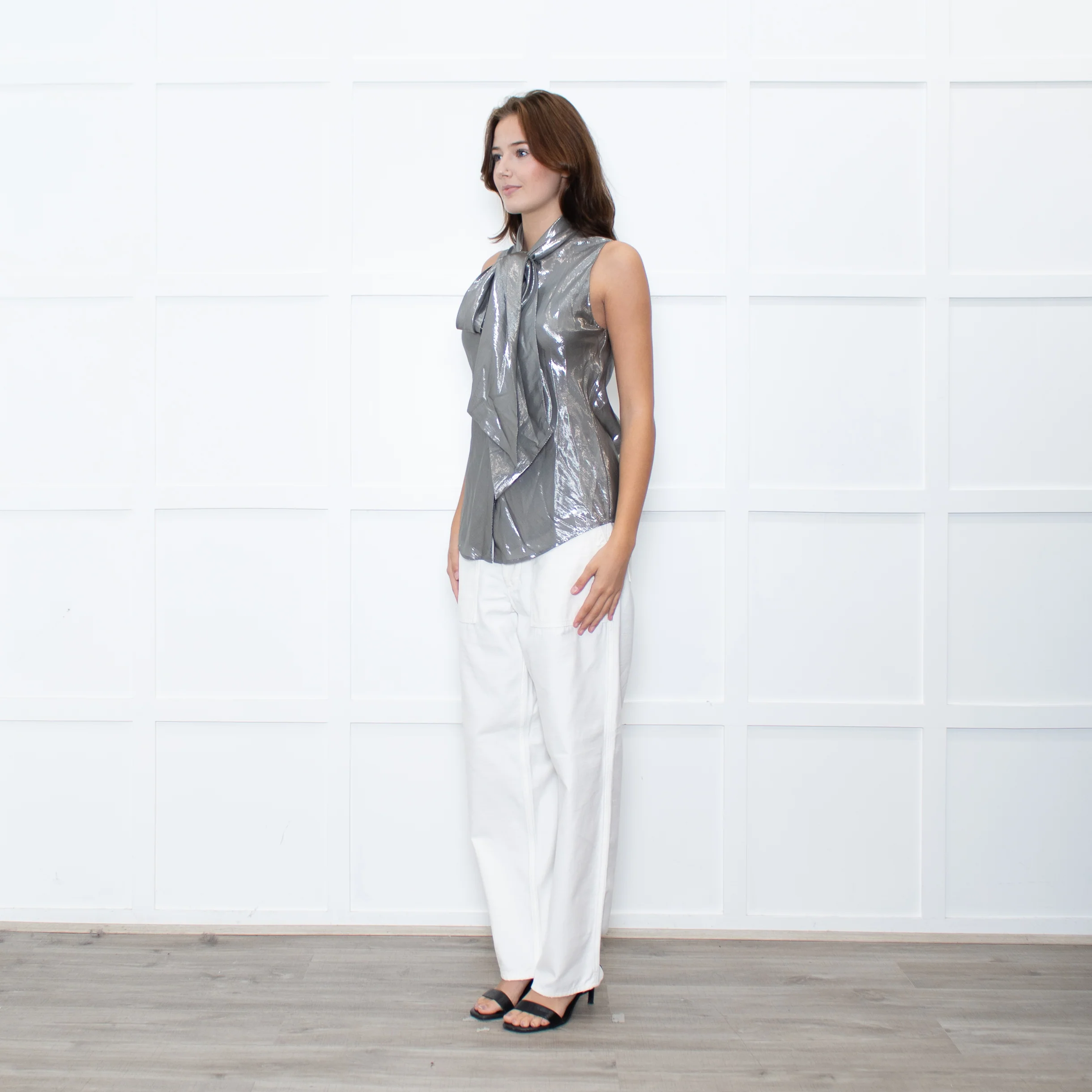 Ralph Lauren Silver Sleeveless Neck-Tie Top - Image 3