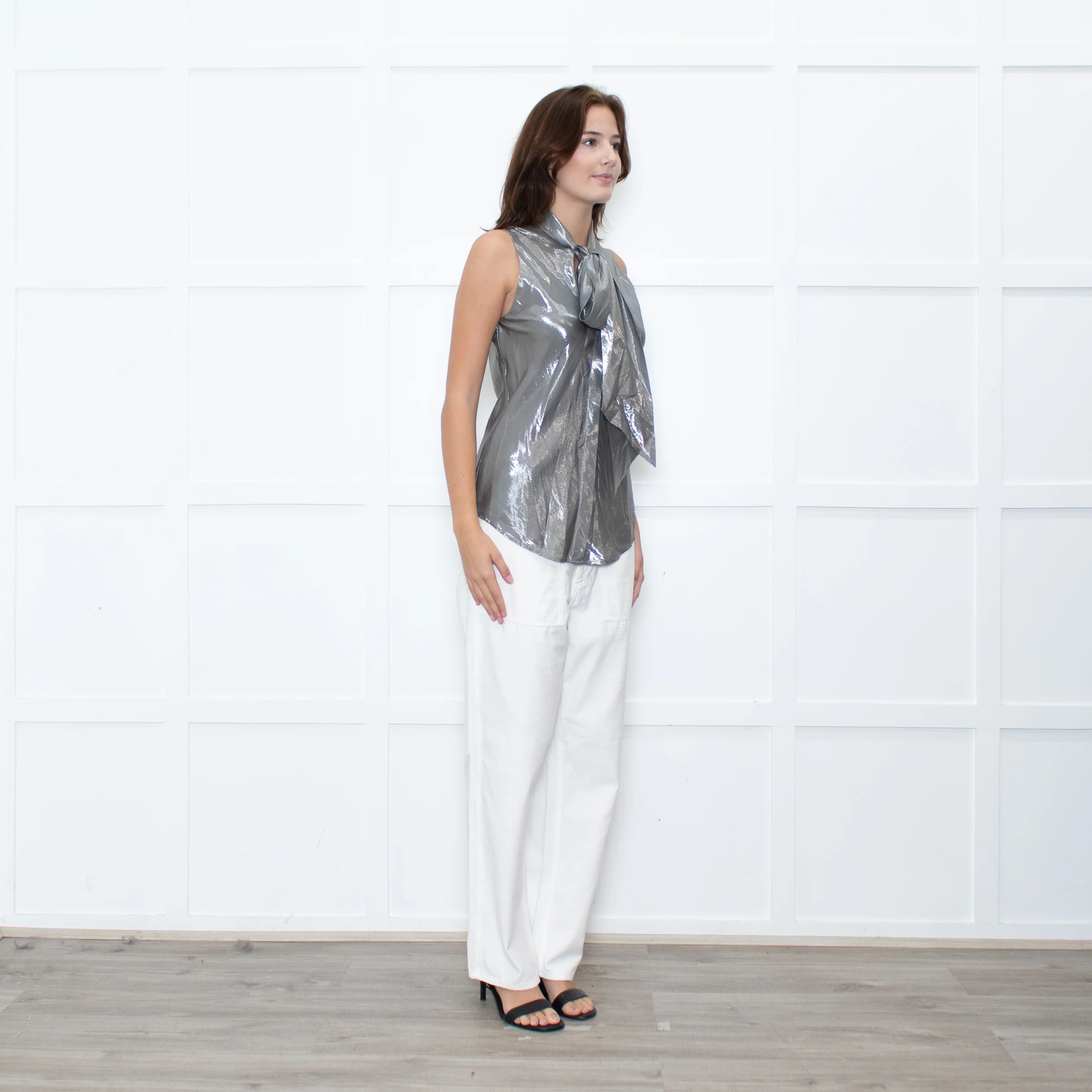 Ralph Lauren Silver Sleeveless Neck-Tie Top - Image 7