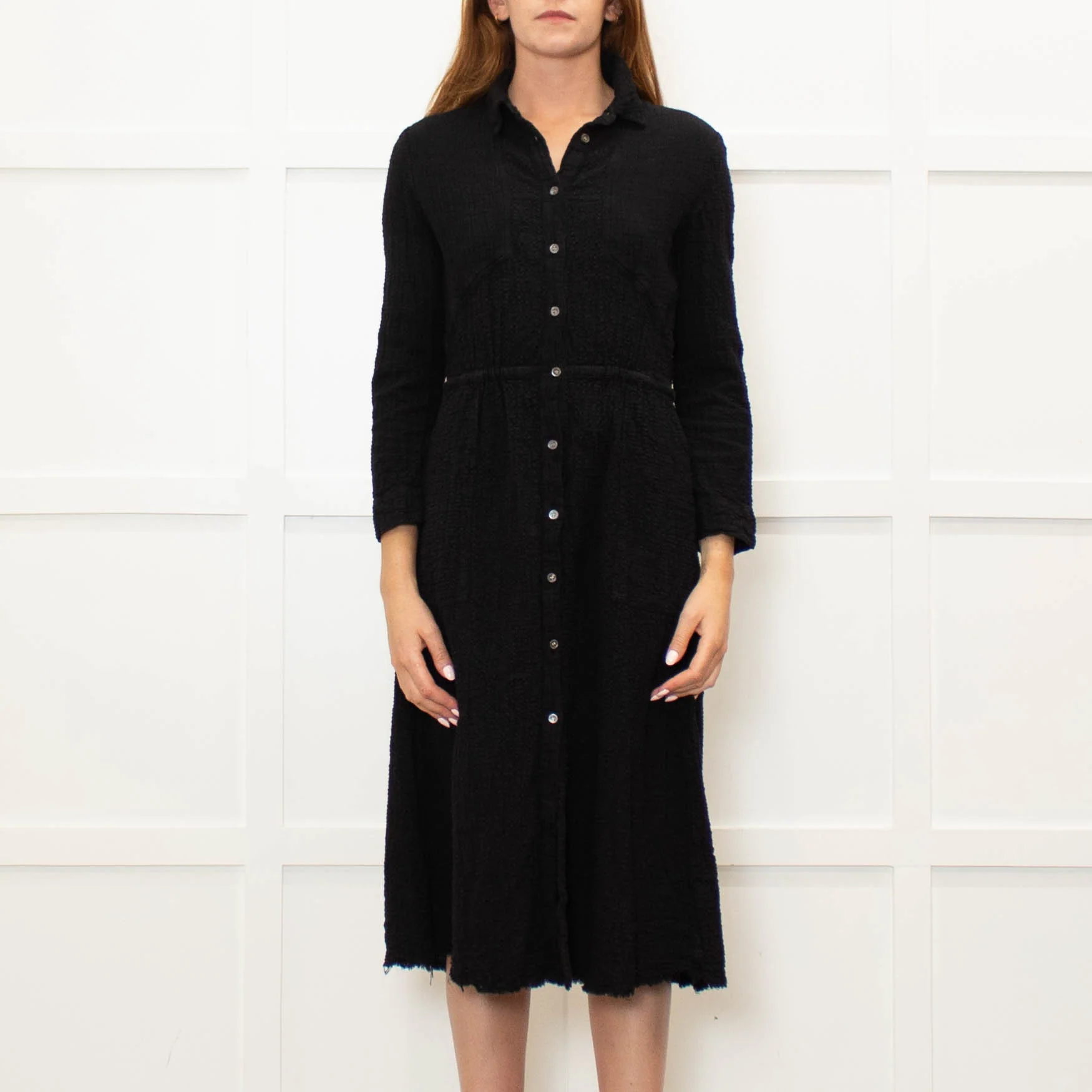 Raquel Allegra Black textured Cotton Long Sleeved Dress - Image 2