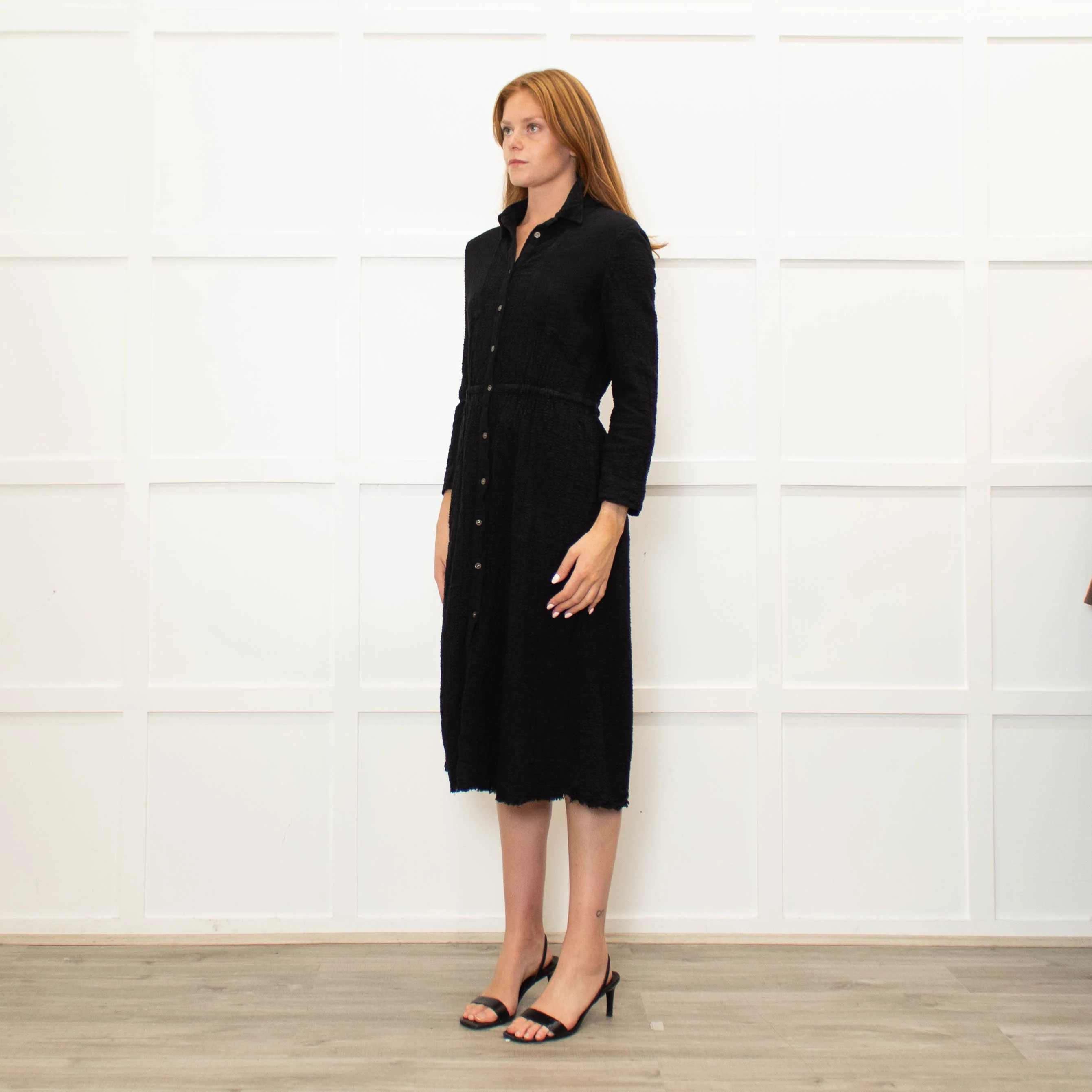 Raquel Allegra Black textured Cotton Long Sleeved Dress - Image 3