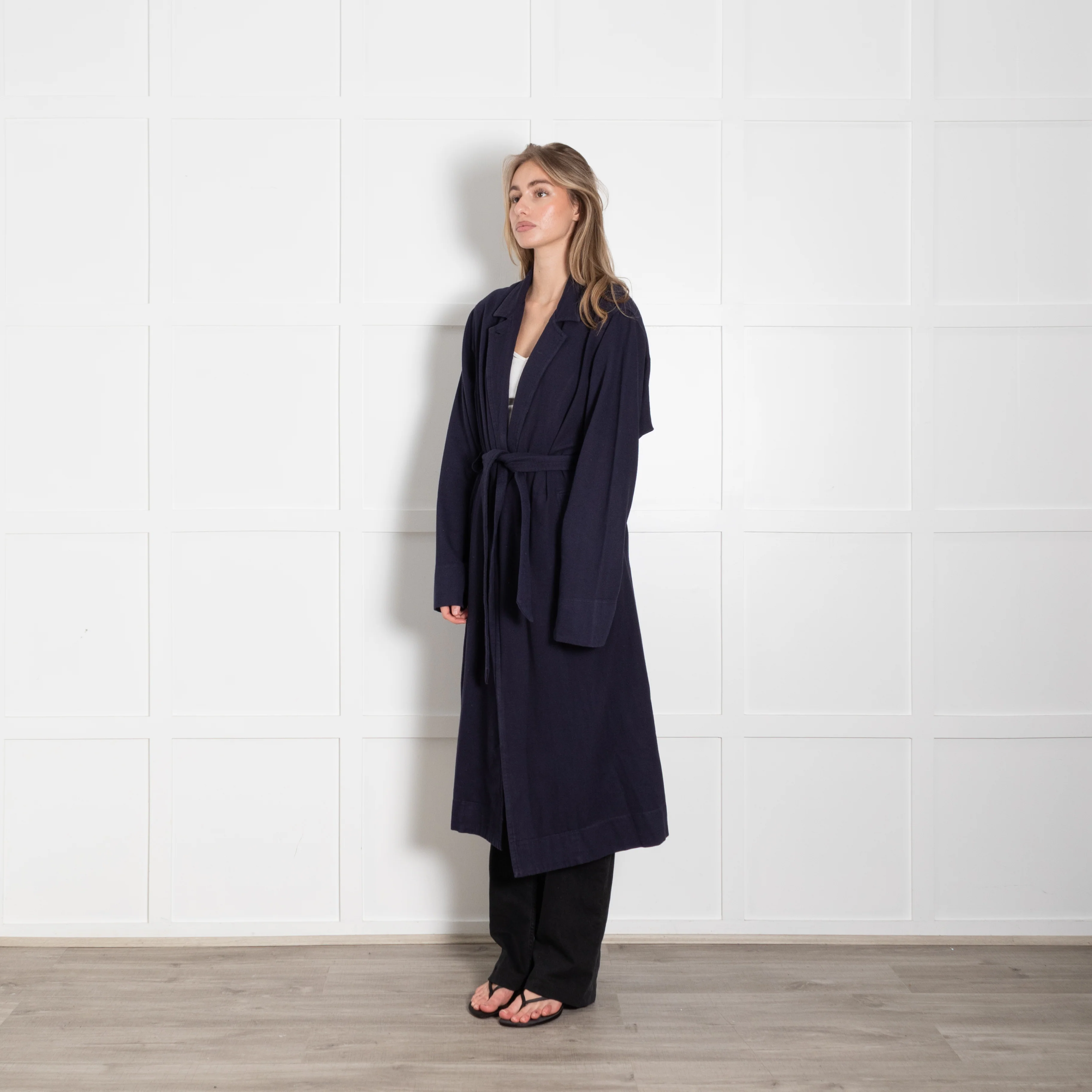 Raquel Allegra Navy Cotton Long Trench Coat - Image 3