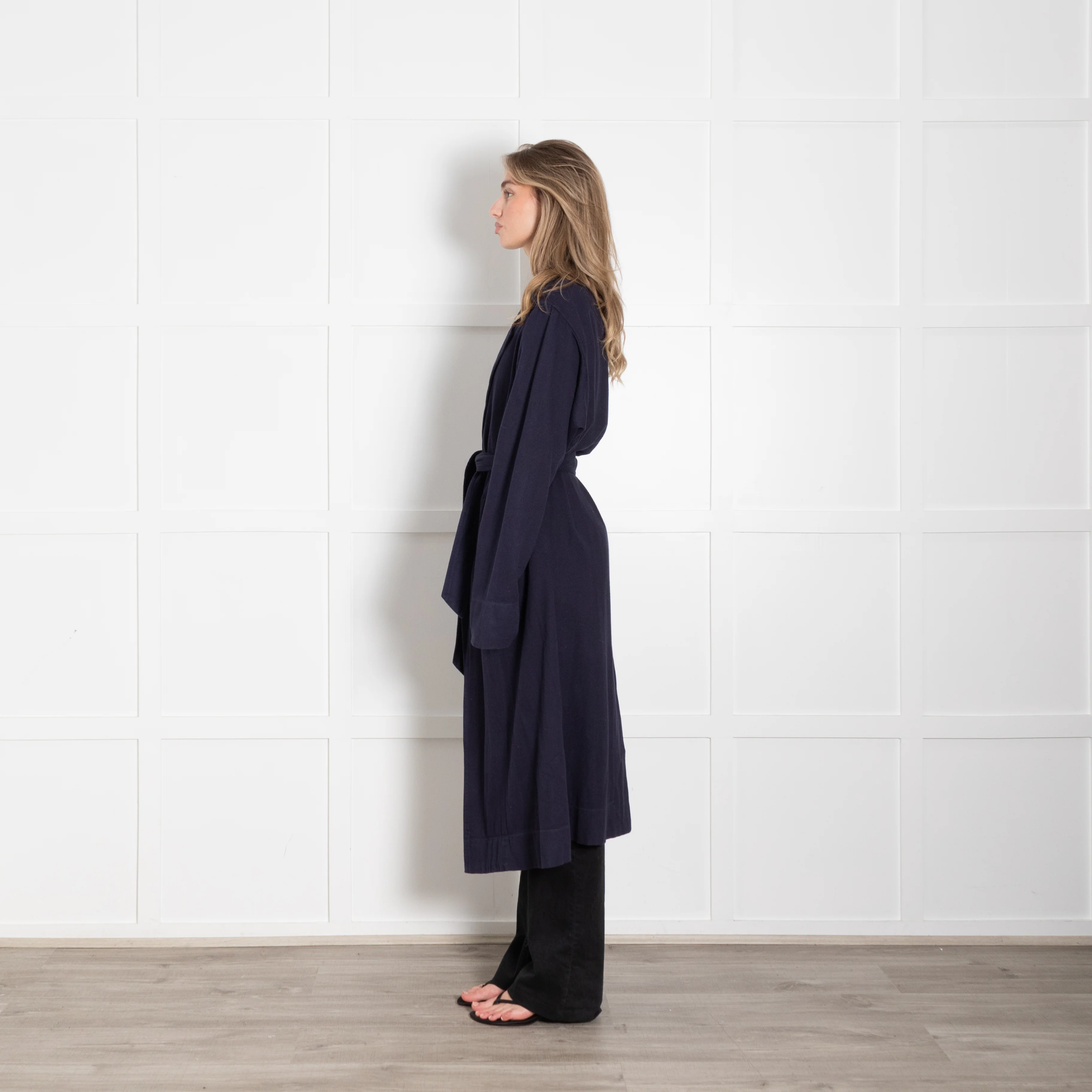 Raquel Allegra Navy Cotton Long Trench Coat - Image 4