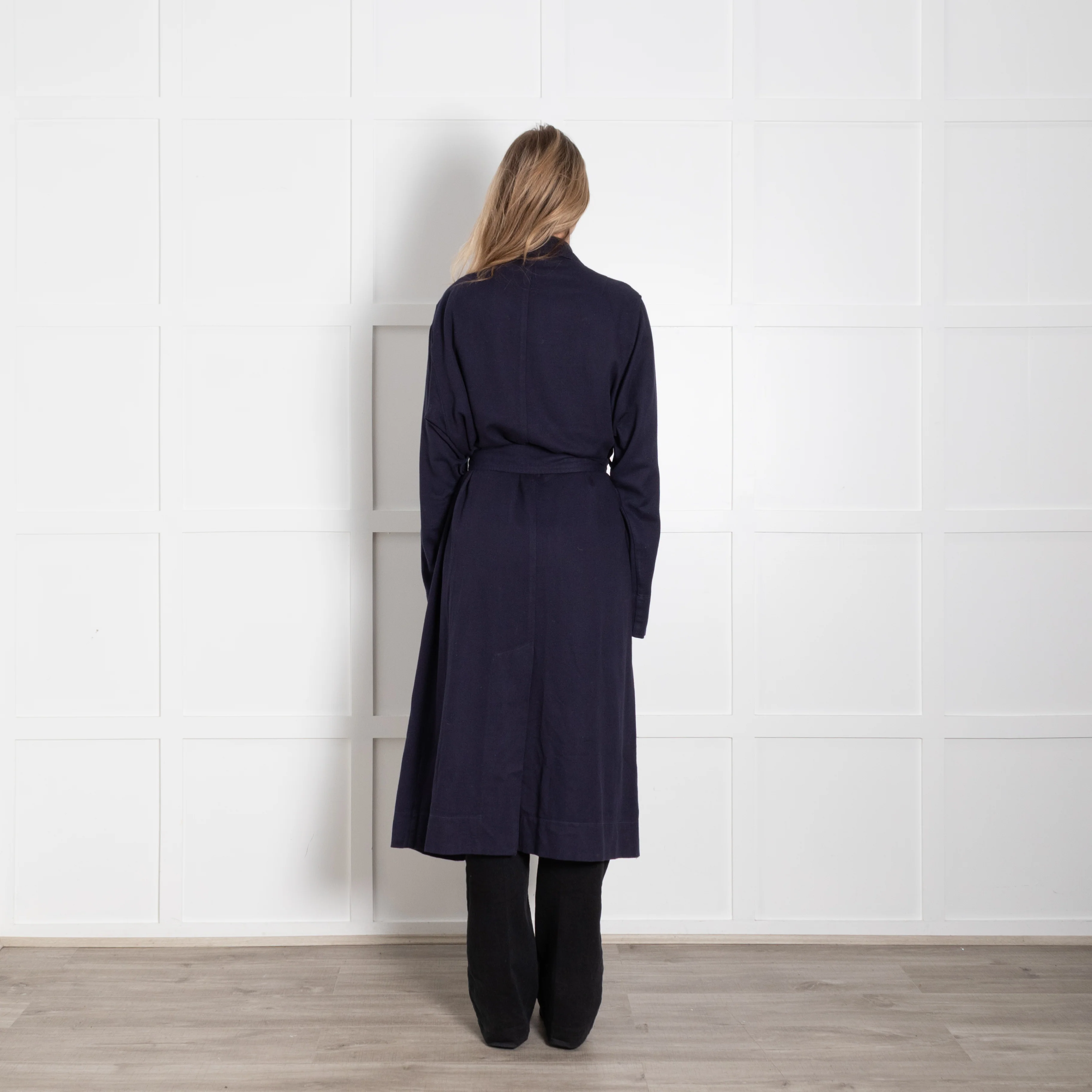 Raquel Allegra Navy Cotton Long Trench Coat - Image 5