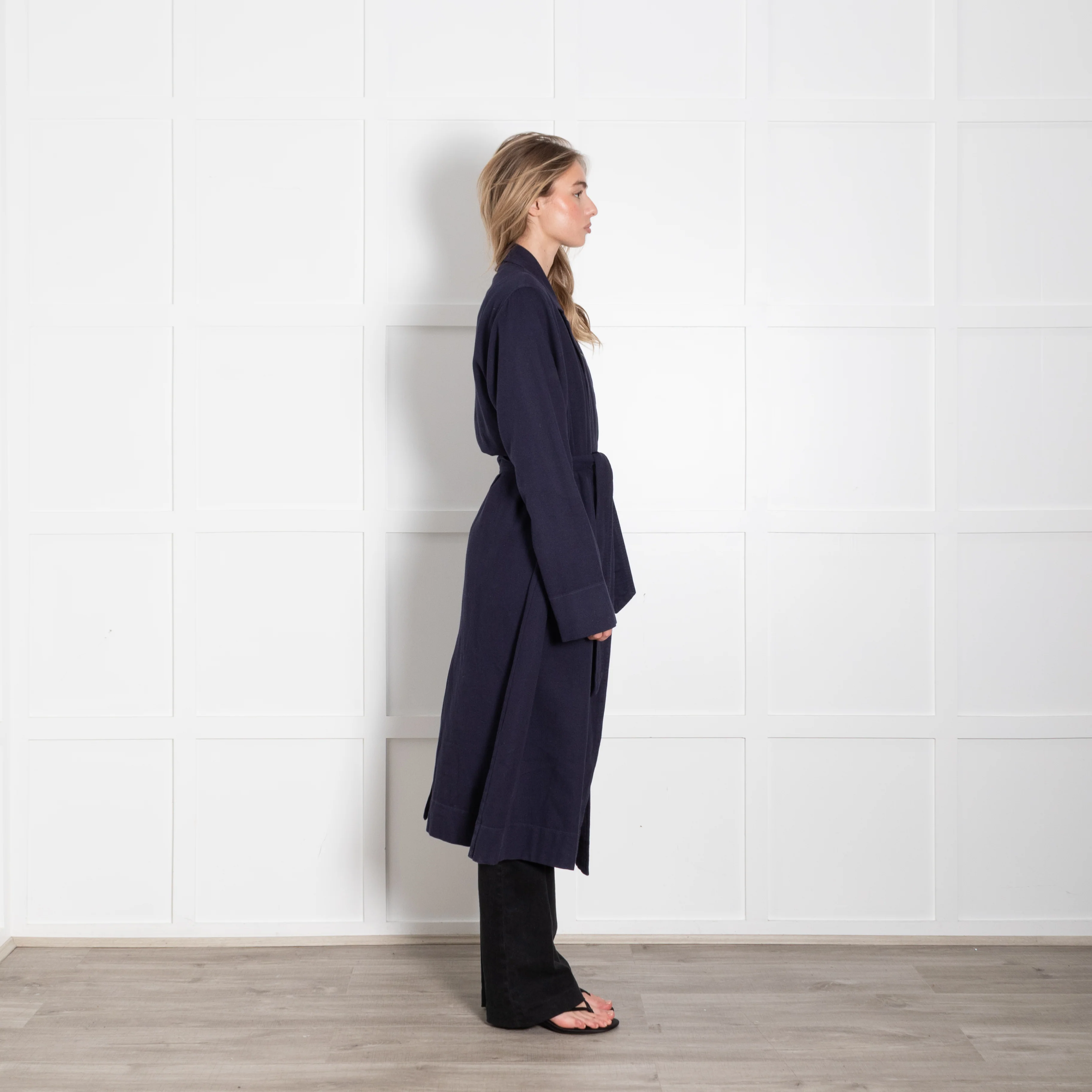 Raquel Allegra Navy Cotton Long Trench Coat - Image 6