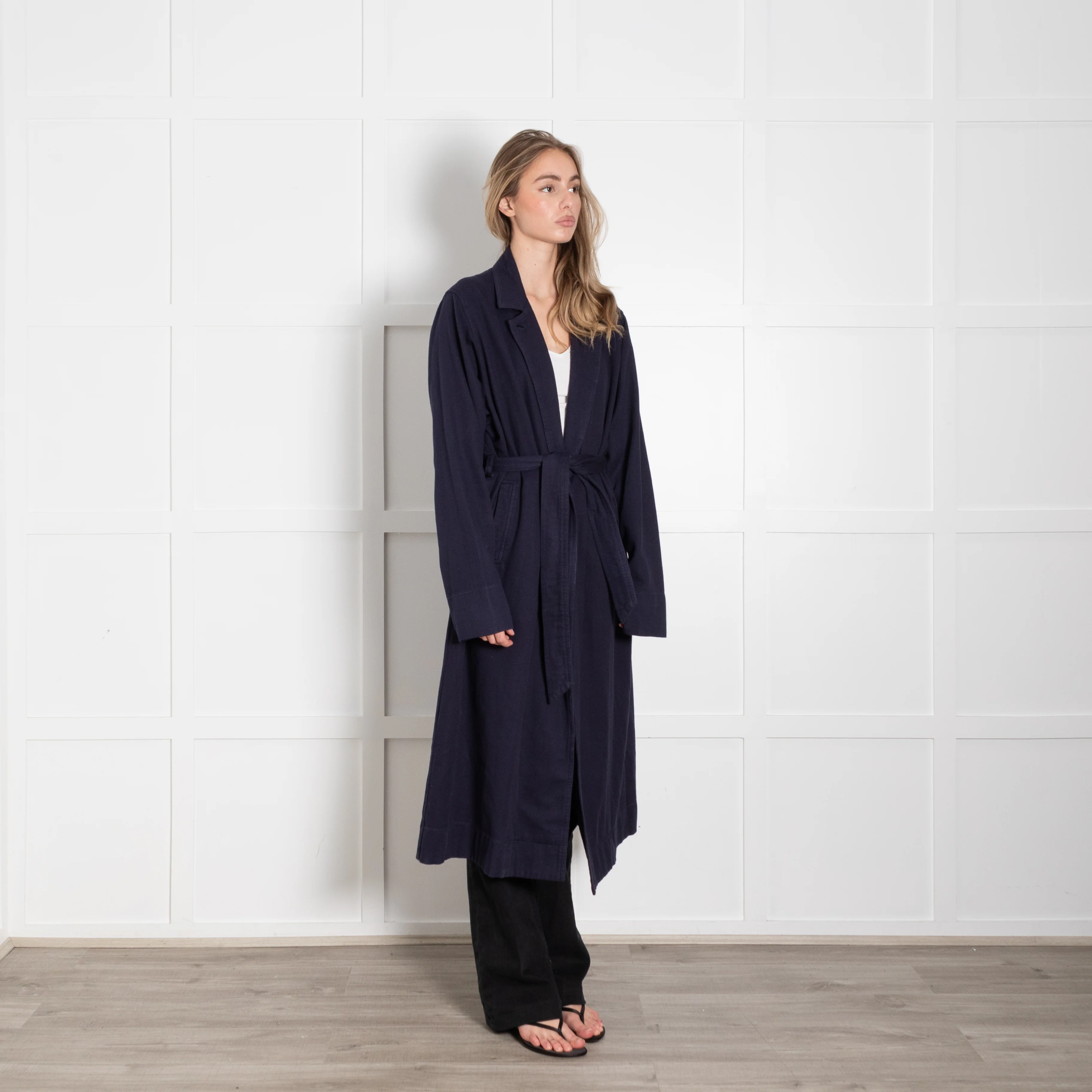 Raquel Allegra Navy Cotton Long Trench Coat - Image 7