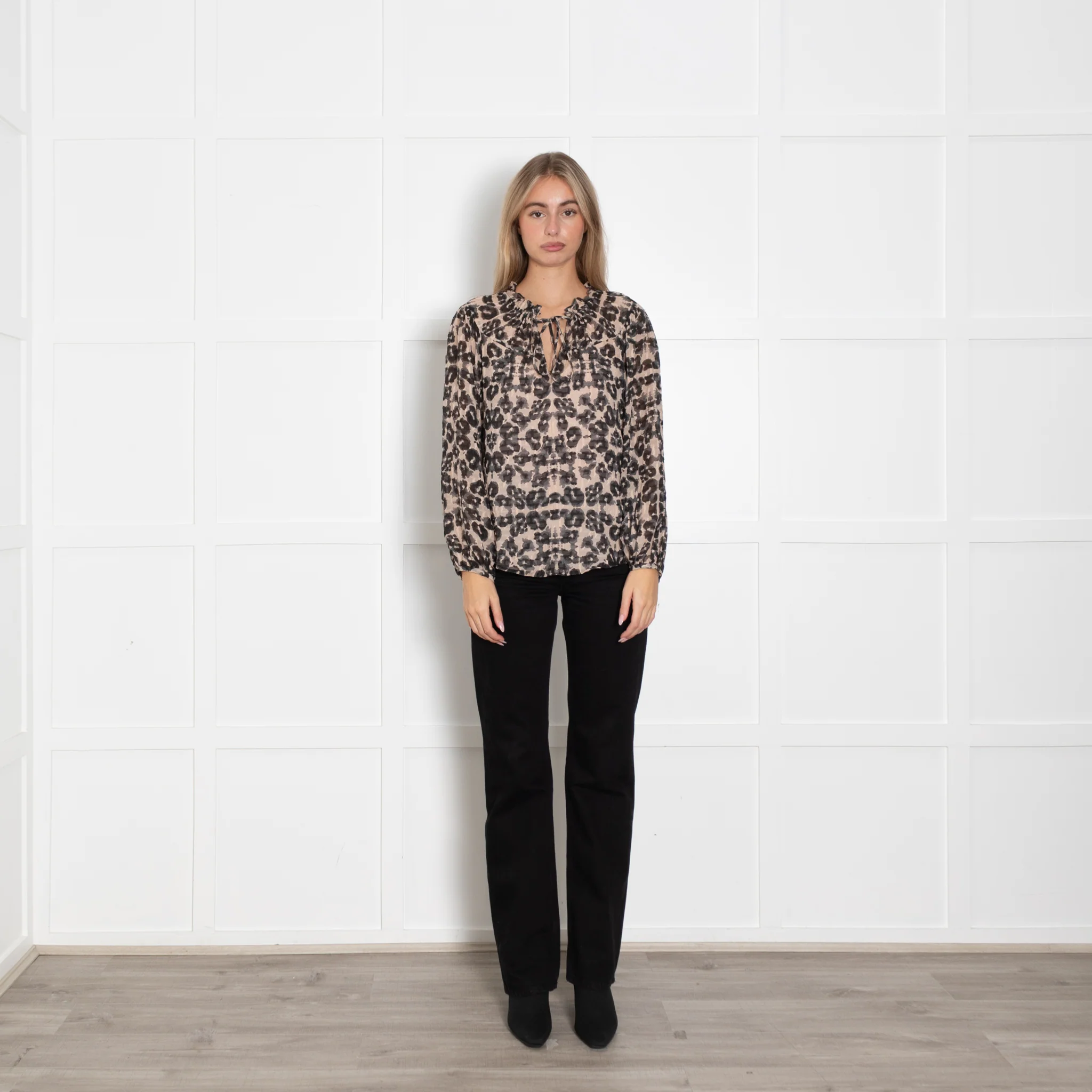 Rebecca Taylor Beige Black Animal Print Long Sleeve Top With Vest