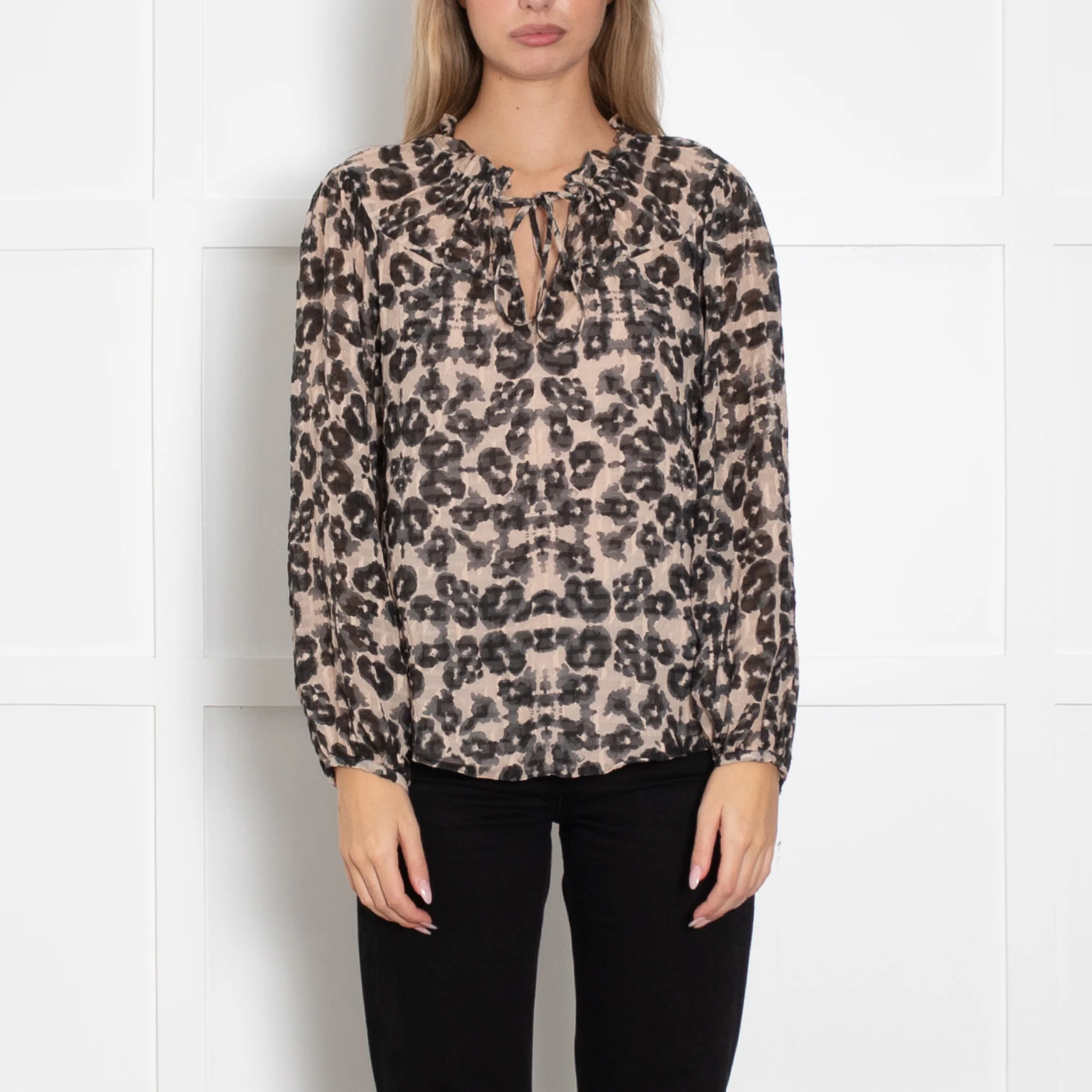 Rebecca Taylor Beige Black Animal Print Long Sleeve Top With Vest - Image 2