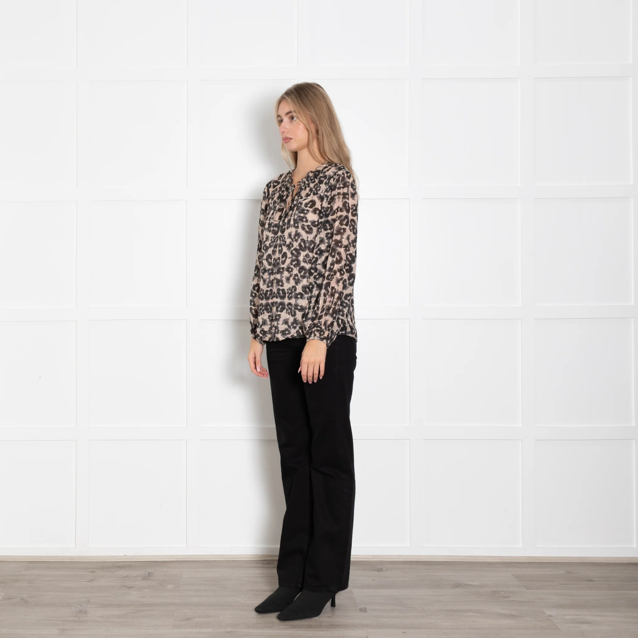 Rebecca Taylor Beige Black Animal Print Long Sleeve Top With Vest - Image 3