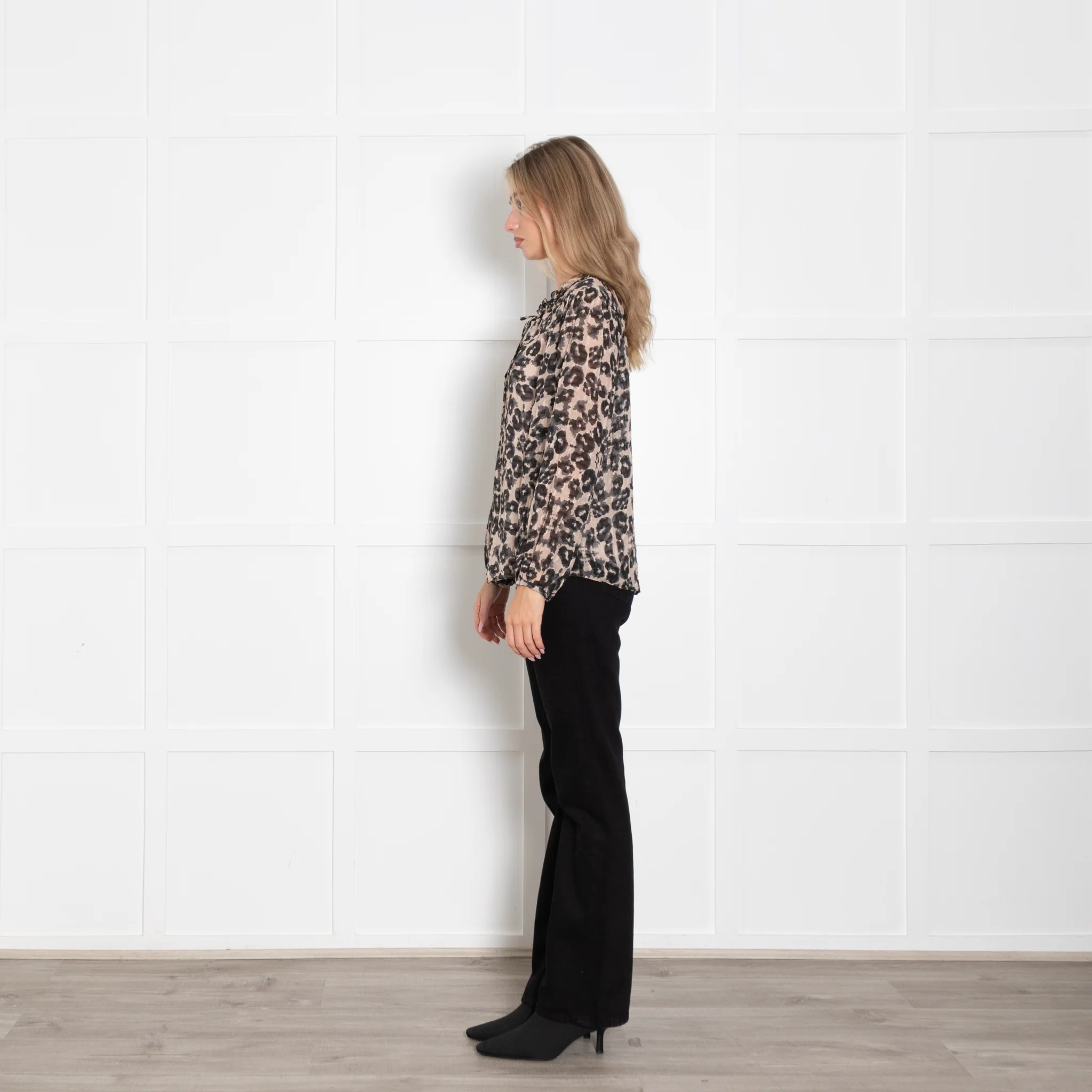 Rebecca Taylor Beige Black Animal Print Long Sleeve Top With Vest - Image 4
