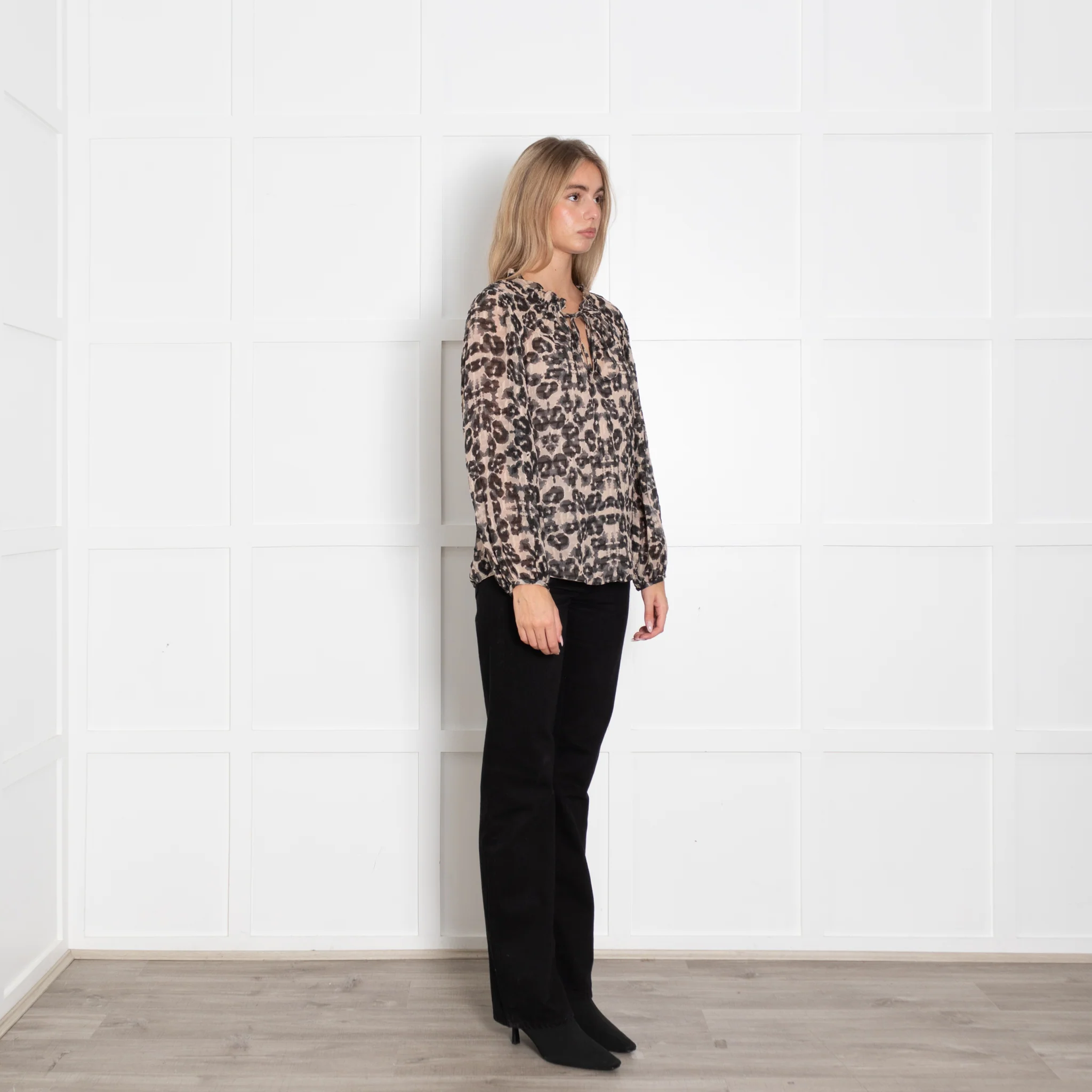 Rebecca Taylor Beige Black Animal Print Long Sleeve Top With Vest - Image 7