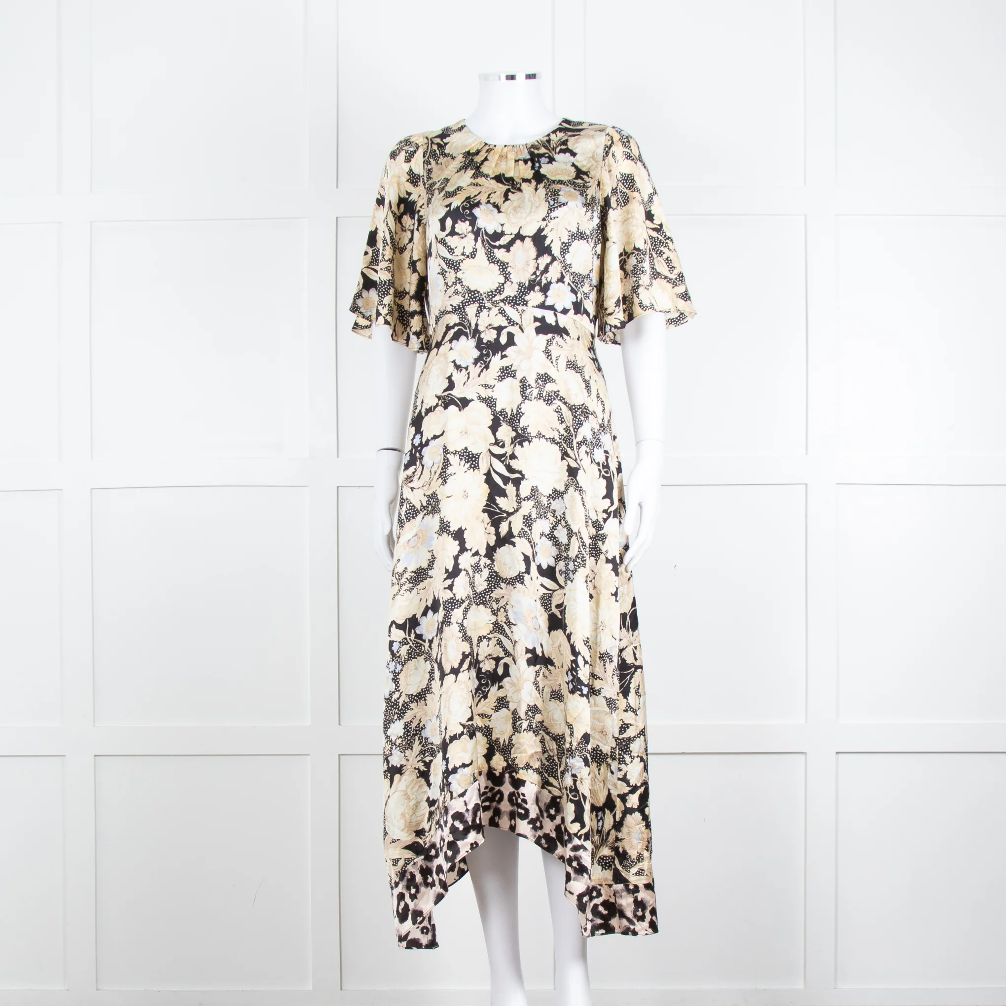 Rebecca Taylor Black Cream Floral Short Sleeves Silk Midi Dress