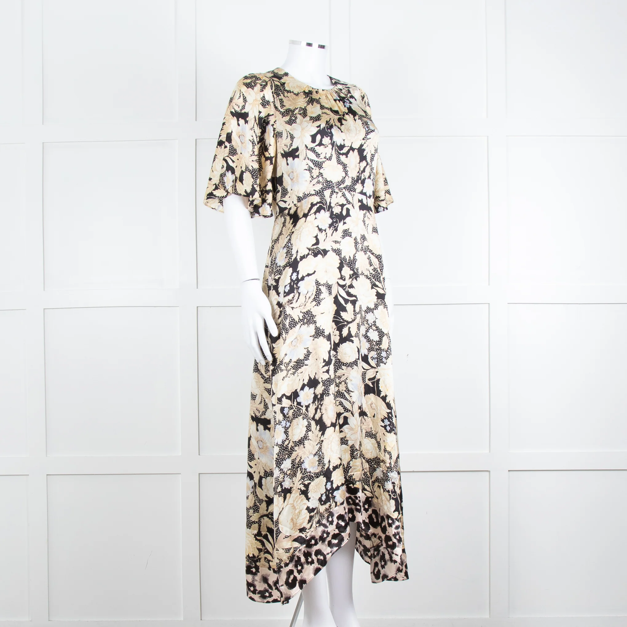 Rebecca Taylor Black Cream Floral Short Sleeves Silk Midi Dress - Image 2
