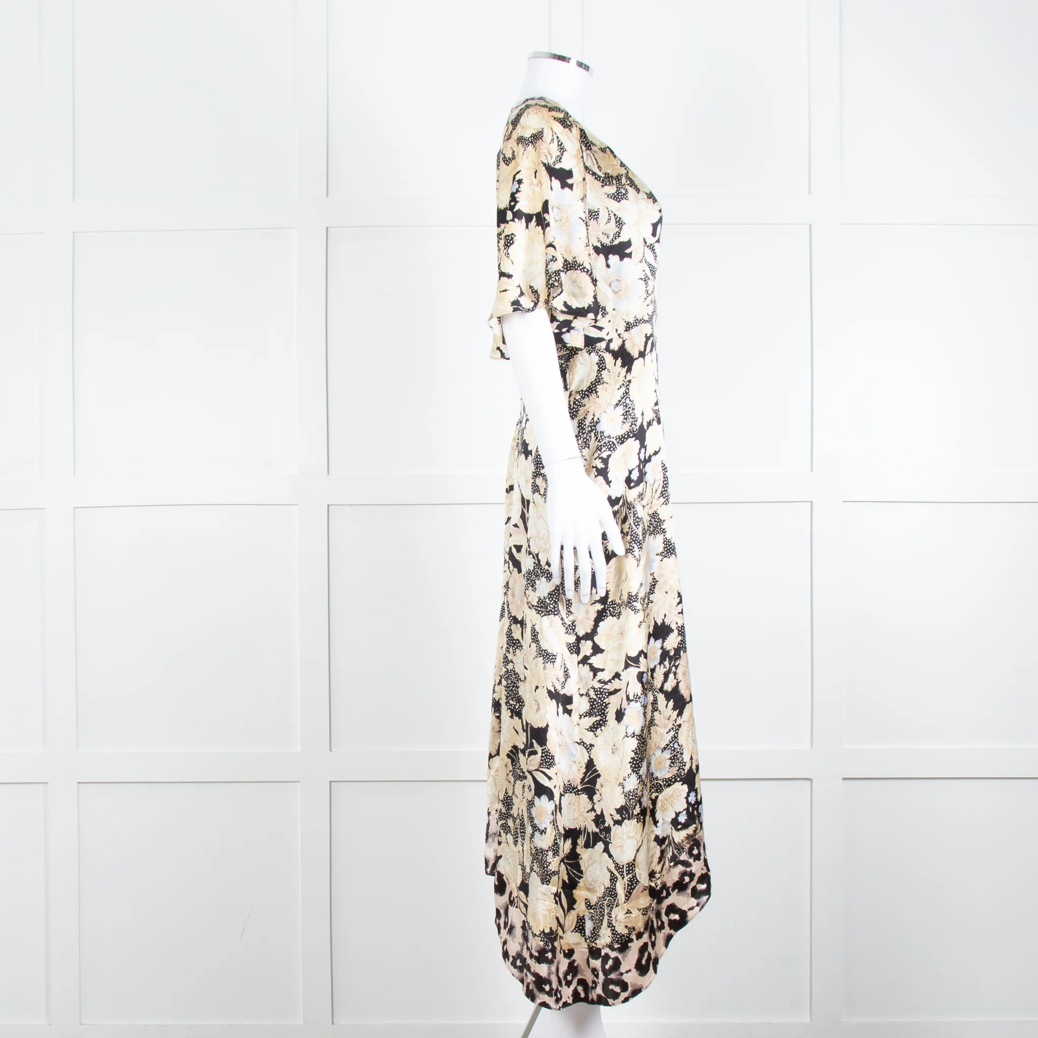 Rebecca Taylor Black Cream Floral Short Sleeves Silk Midi Dress - Image 3