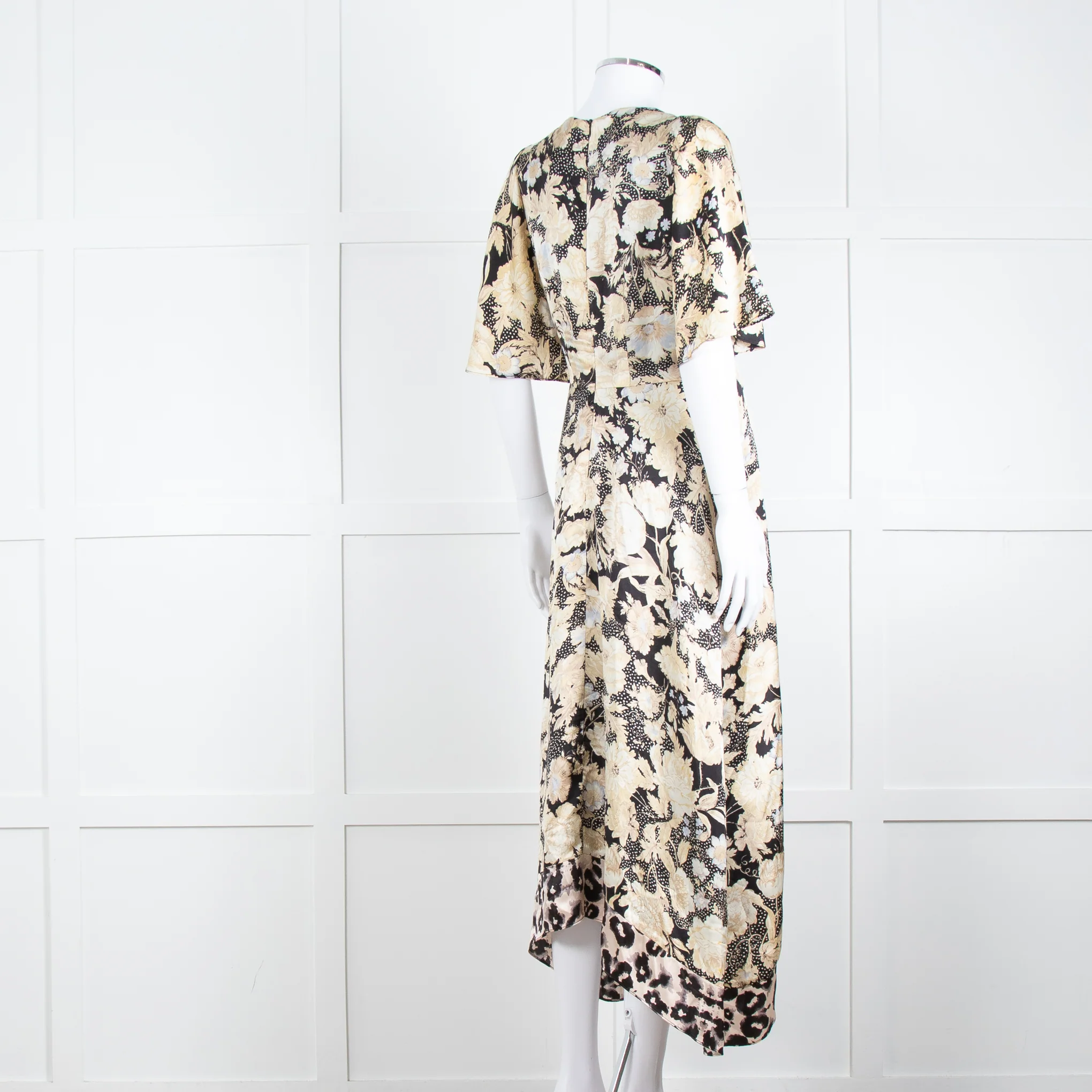 Rebecca Taylor Black Cream Floral Short Sleeves Silk Midi Dress - Image 4