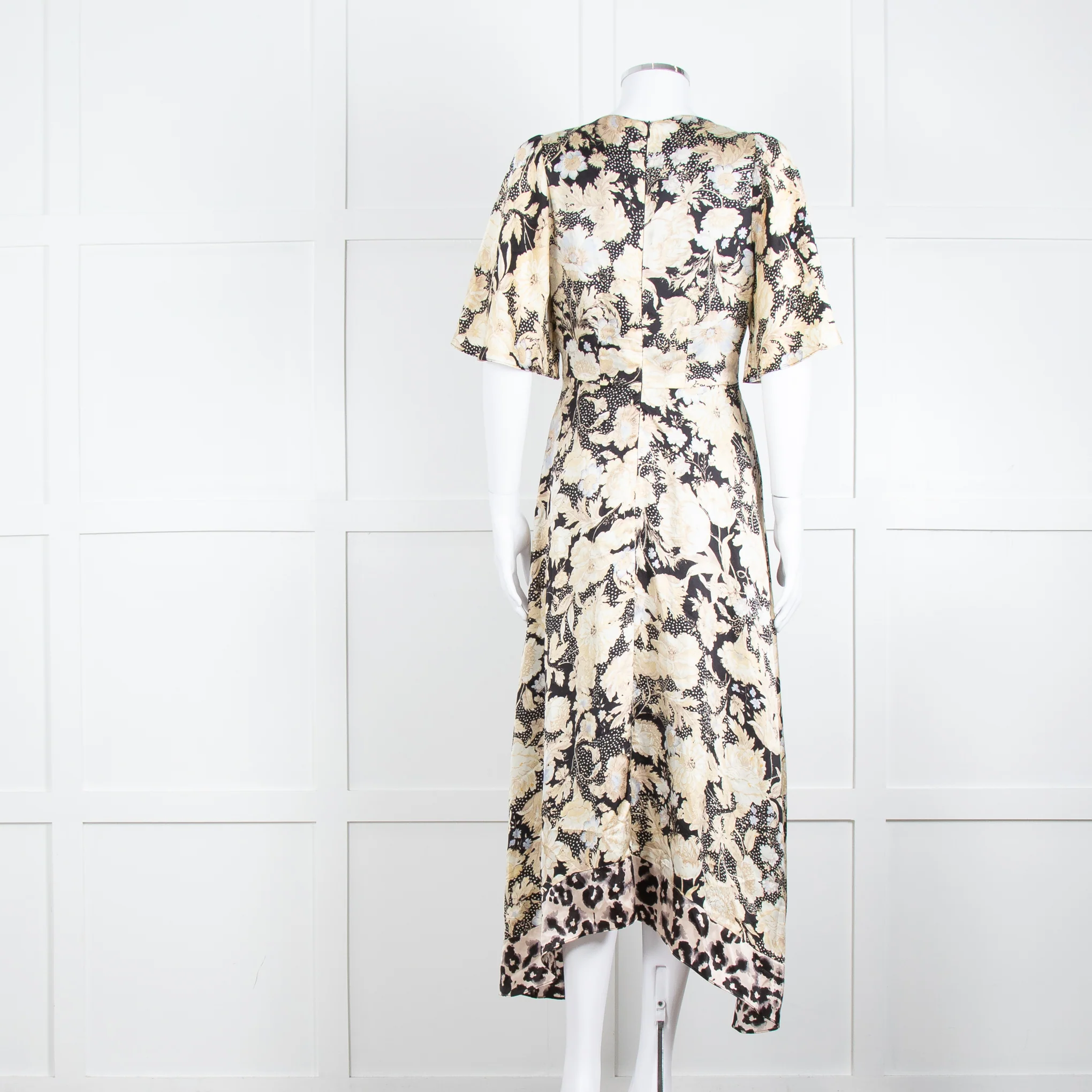 Rebecca Taylor Black Cream Floral Short Sleeves Silk Midi Dress - Image 5