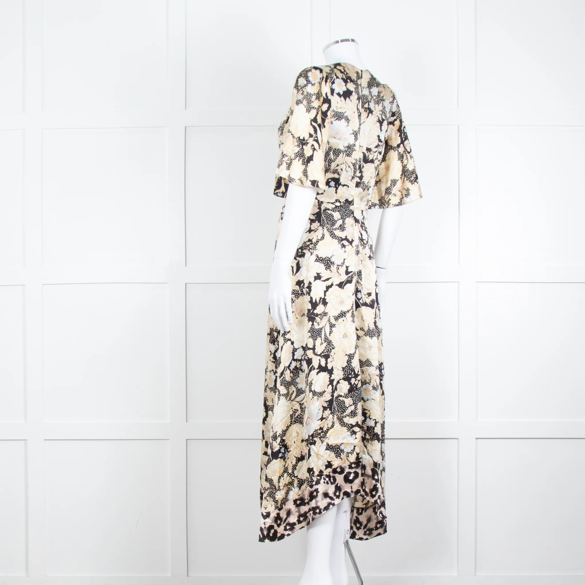 Rebecca Taylor Black Cream Floral Short Sleeves Silk Midi Dress - Image 6